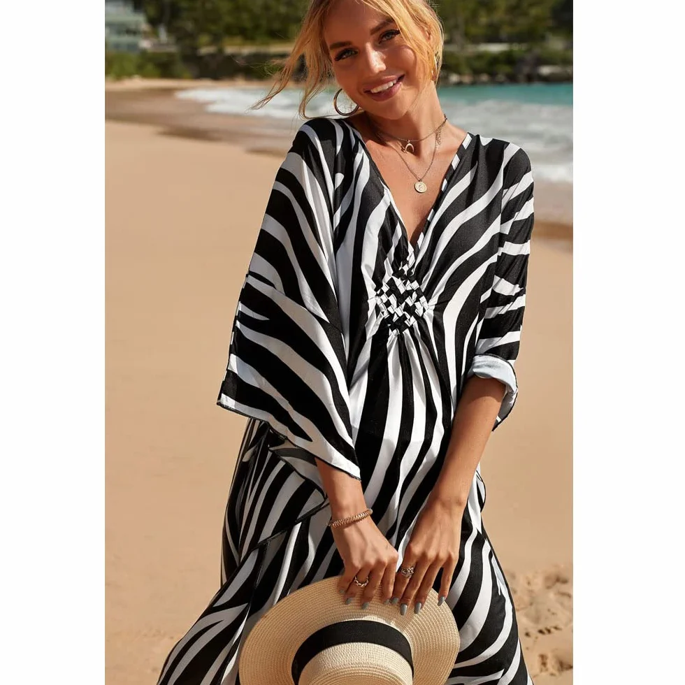 Kaftan damska długa sukienka plażowa w stylu boho, letnia sukienka maxi, pareo, okrycie bikini, na urlop i plażę