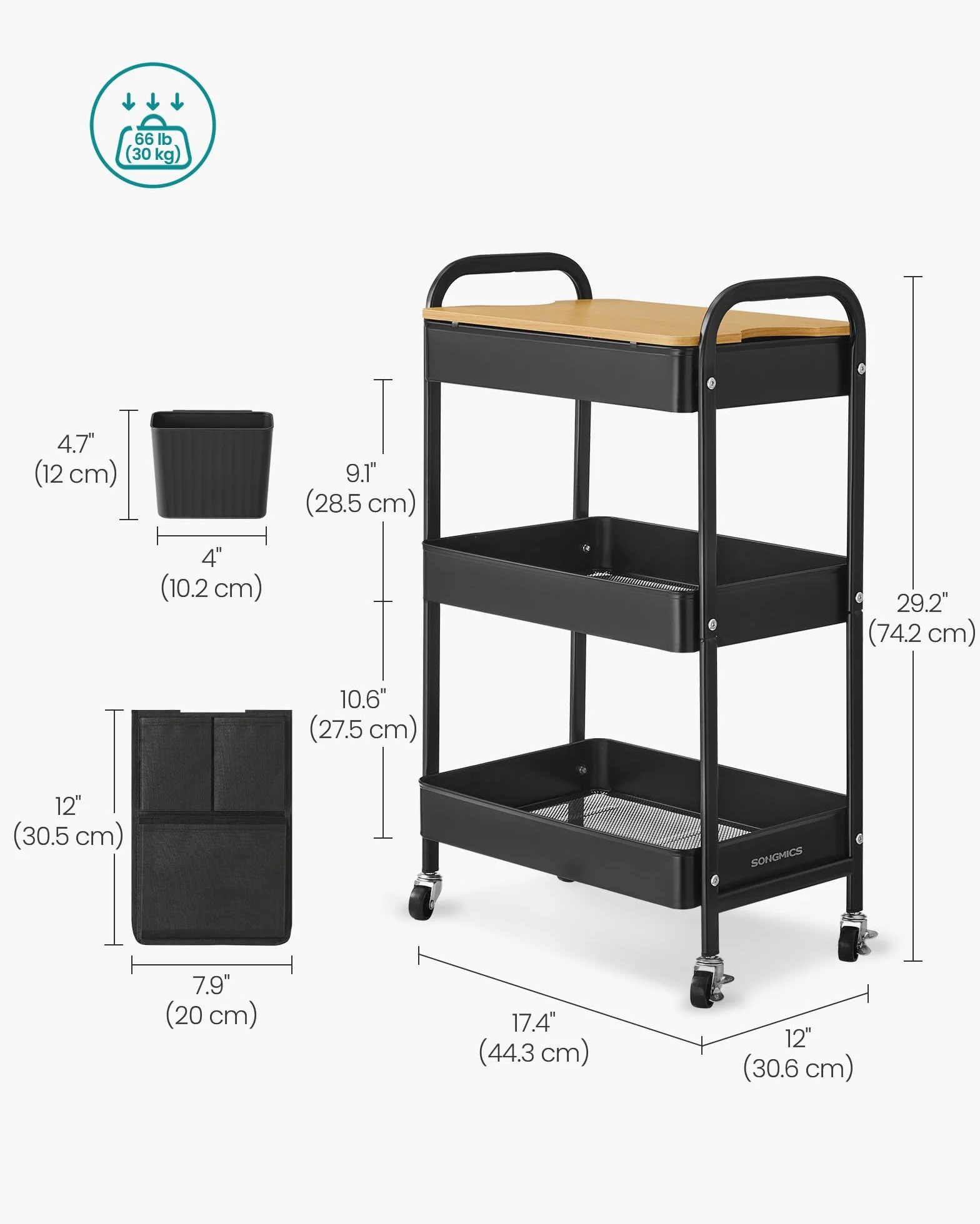 SONGMICS Wózek z 3 półkami, czarny atrament LRC036B01