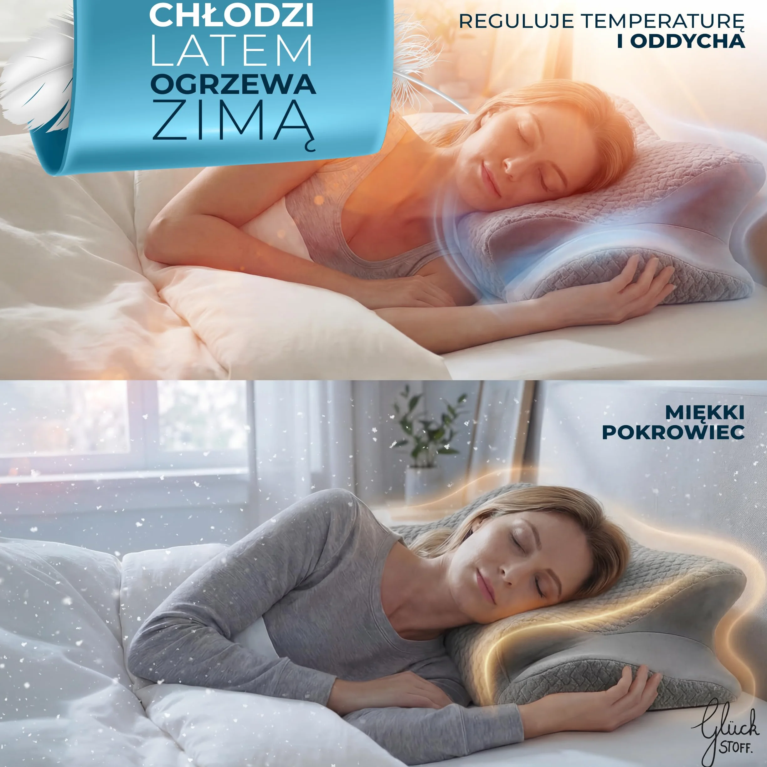 GLÜCKSTOFF® Poszewka na poduszkę ergonomiczną [Z EFEKTEM CHŁODZENIA I CIEPŁA] z włókien bambusowych i spandeksu | Miękka i Przytulna | Poszewka Zapasowa | Szary | Wersja: Ergo