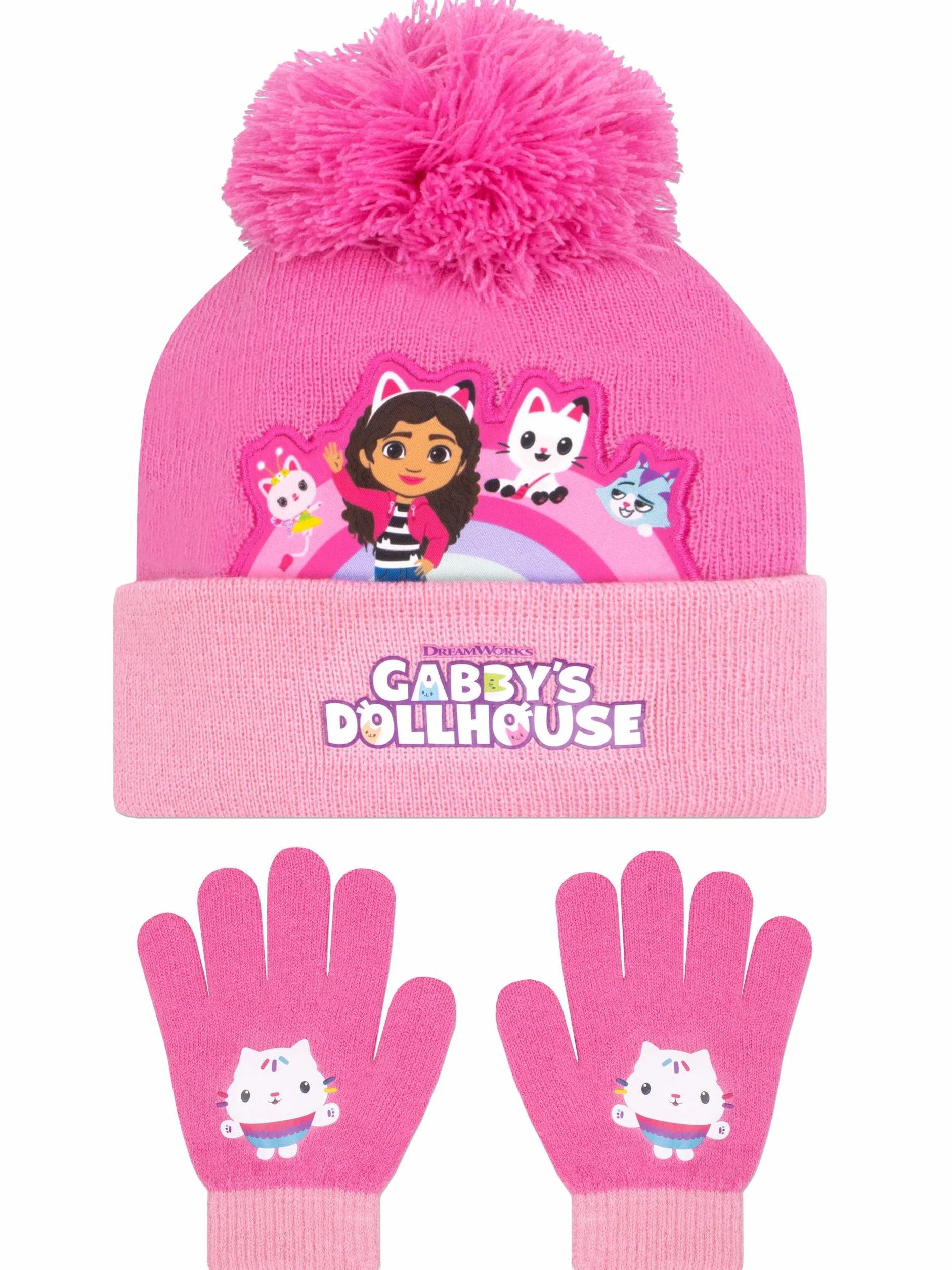 DreamWorks Gabby’s Dollhouse Zestaw Czapki I Rękawiczek Dla Dziewczynek | Czapka I Rękawiczki Z Pandy Paws | Zimowe Czapki Dla Dzieci | Różowy Uniwersalny Rozmiar