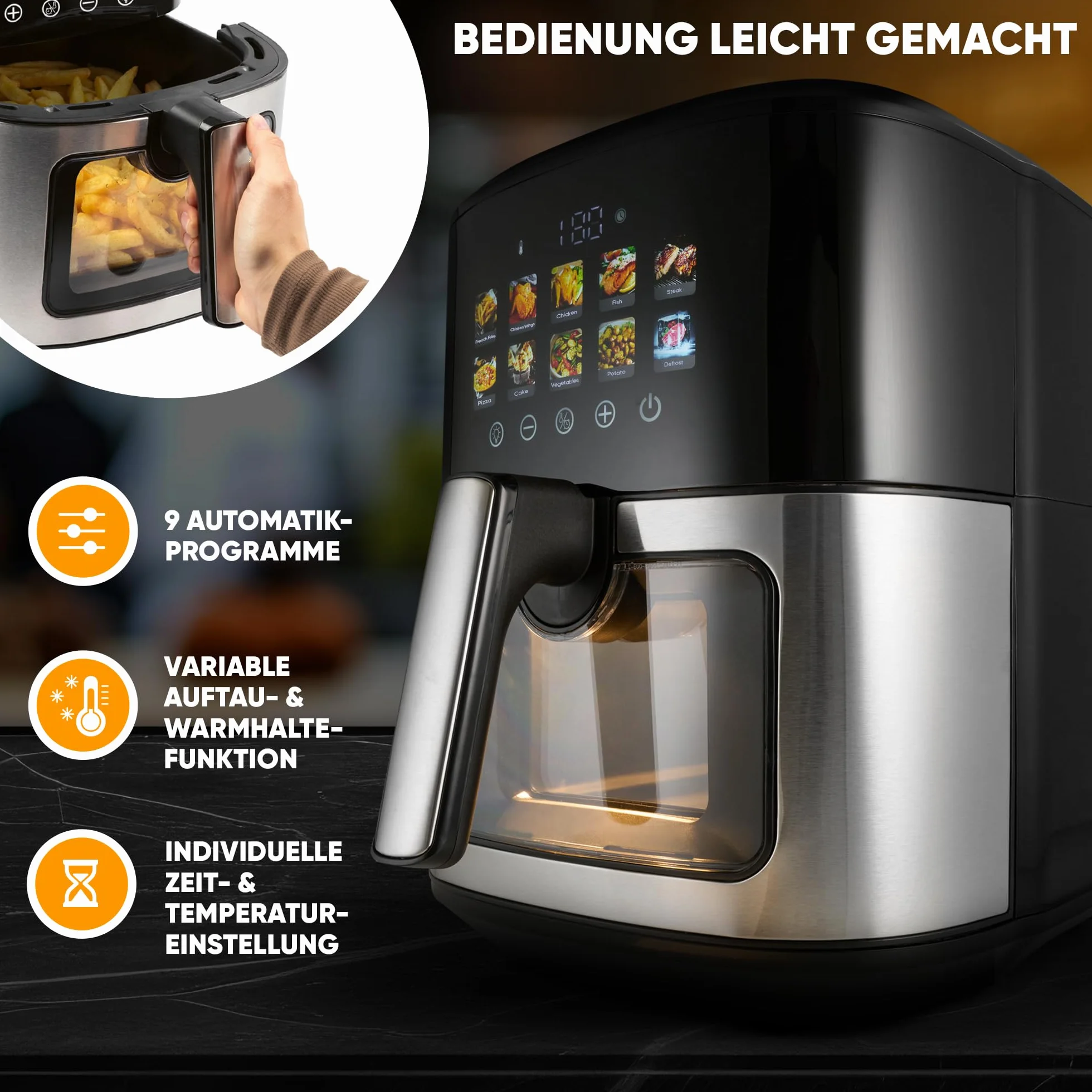 Proficook, Frytownica na gorące powietrze 6,5 l 1700 W PC-FR1286H - ​​Stal nierdzewna, 9 programów automatycznych, Oszczędzanie energii, Automatyczne wyłączanie, Zimny ​​uchwyt