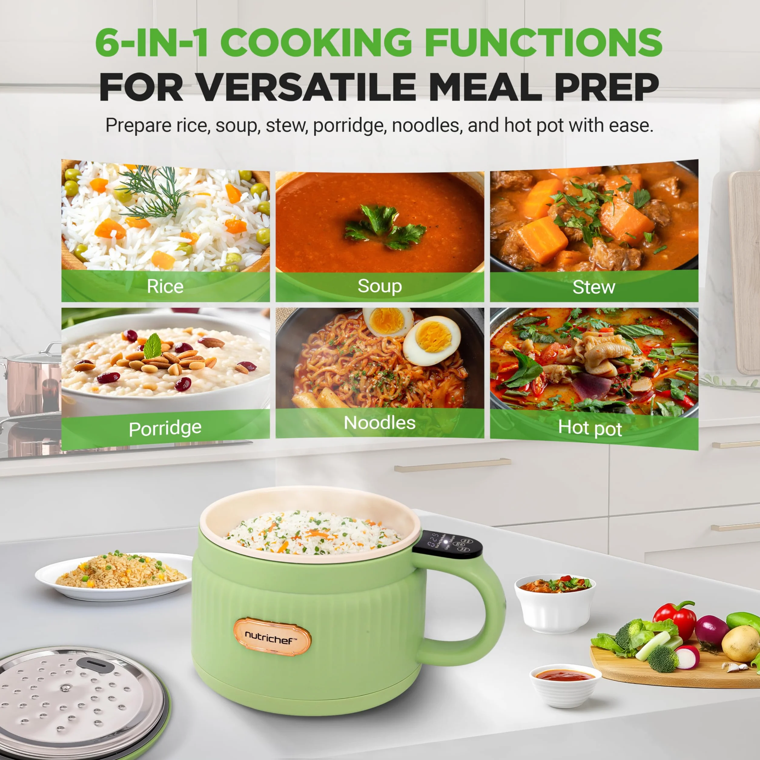 NutriChef 1.6 QT Elektryczny Garnek Do Ryżu Wielofunkcyjny Ceramika Antypoślizgowa Panel Cyfrowy 6 Funkcji Gotowania Zielony