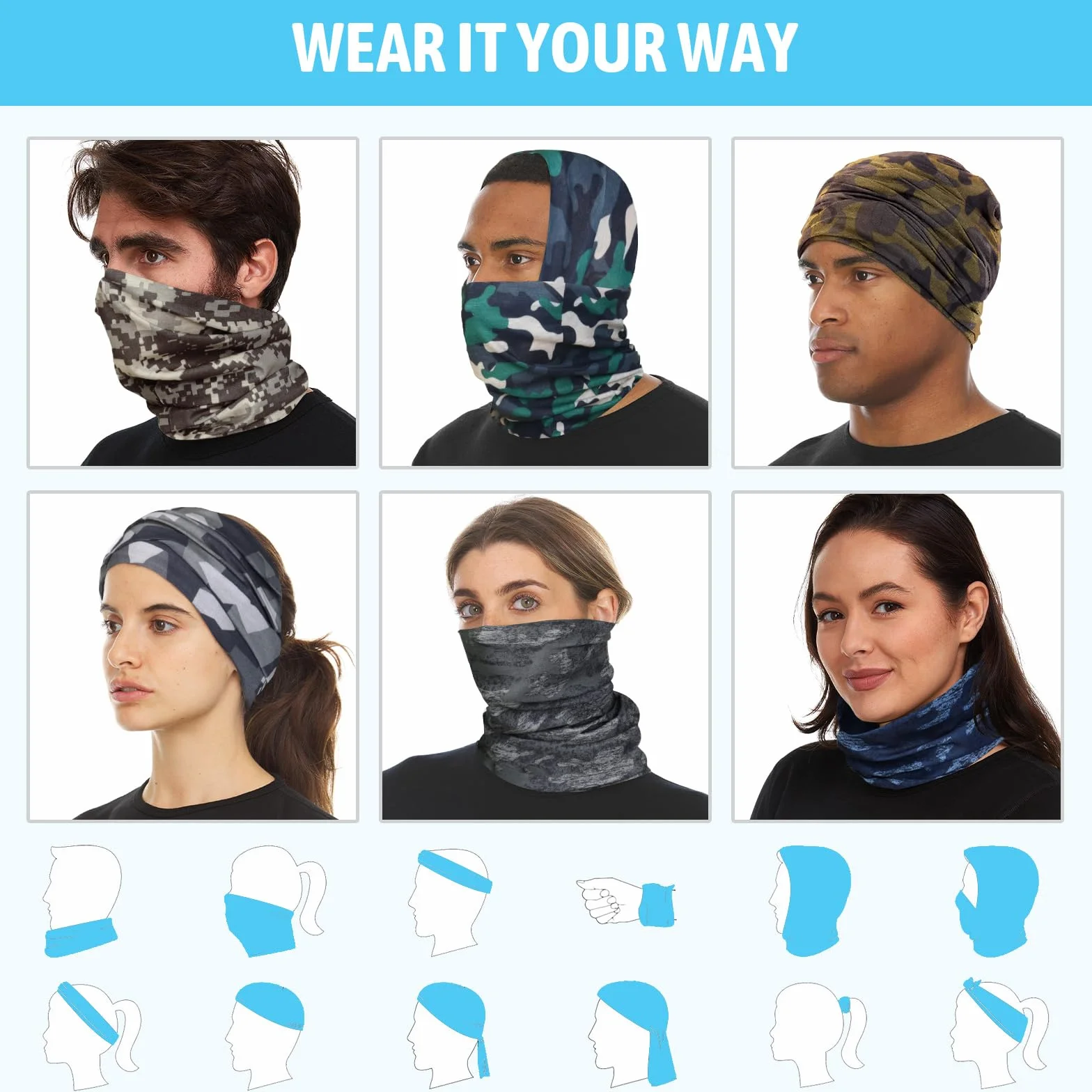 Awumbuk Chusta na szyję dla mężczyzn i kobiet, 6 sztuk, chusta wielofunkcyjna, unisex, bezszwowa bandana, szal kominowy dla mężczyzn, wiatroszczelny, ocieplacz na szyję, motocykl, komin szal dla