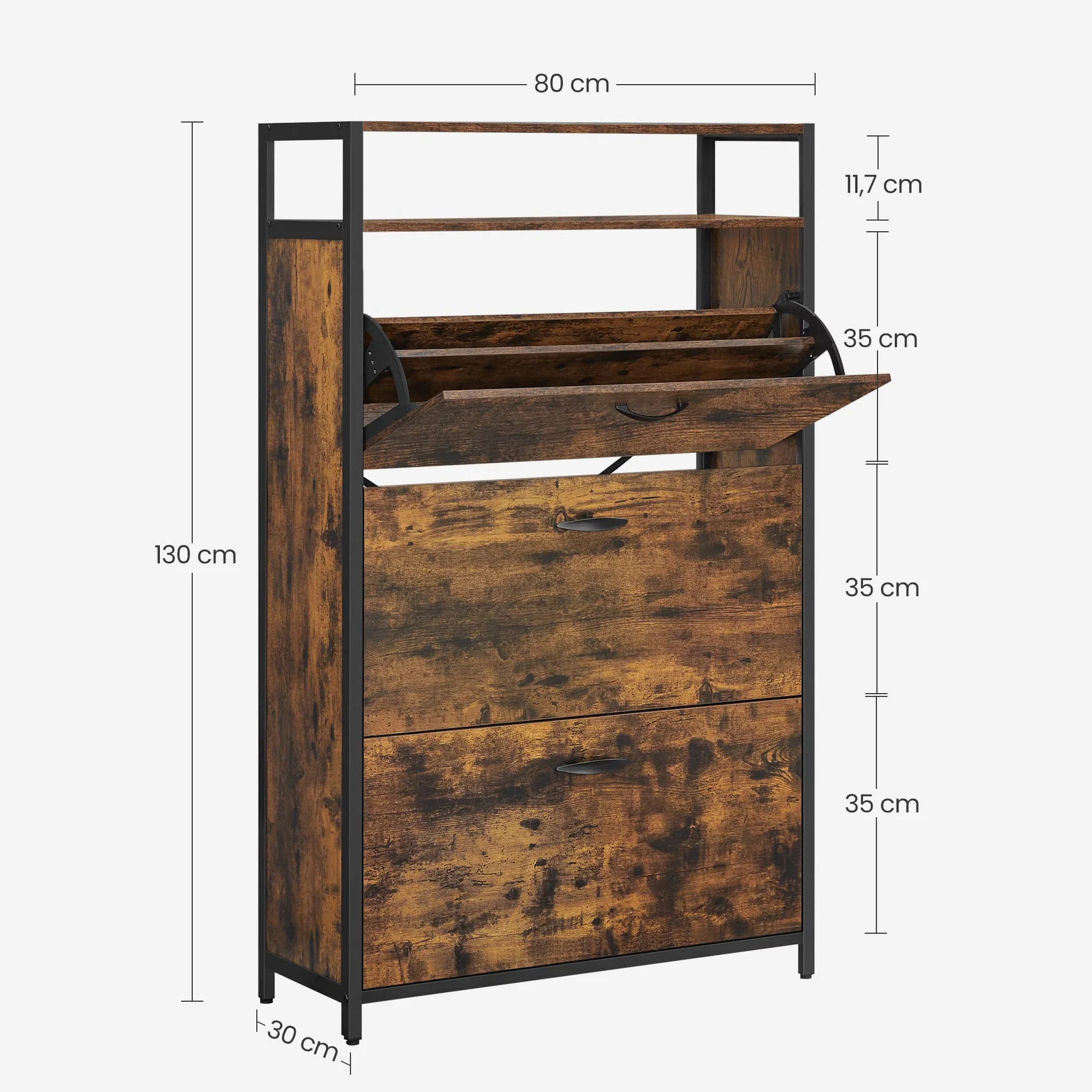 VASAGLE Szafka na buty 80x30x130 cm z 3 drzwiami, rustykalny brąz i czarny