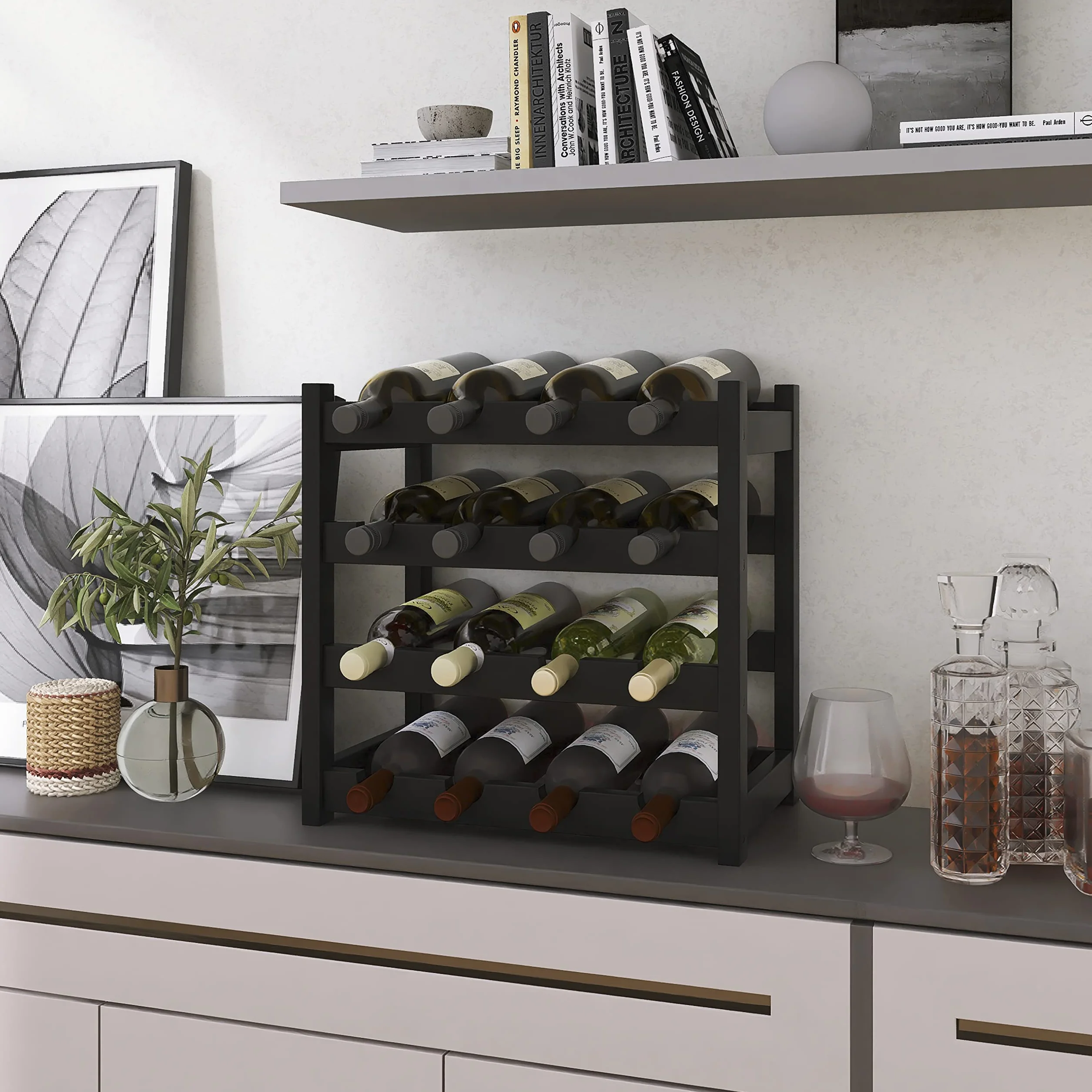 SMIBUY Bambusowy regał na wino 16 uchwytów 4-poziomowy wolnostojący czarny