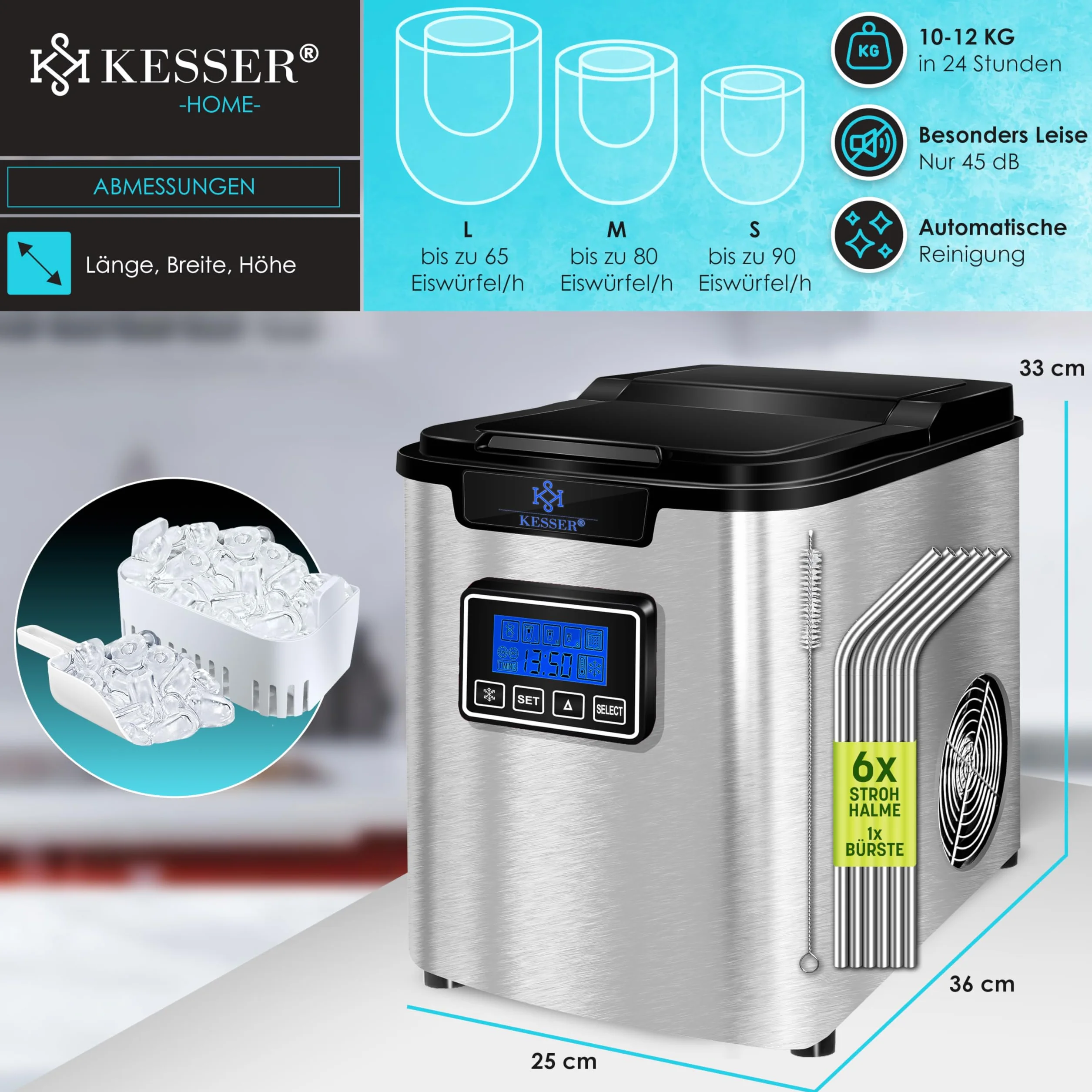 KESSER Kostkarka do lodu ze stali nierdzewnej 150 W 12 kg/24 h 3 rozmiary kostek 6 min zbiornik 2,2 l timer LCD