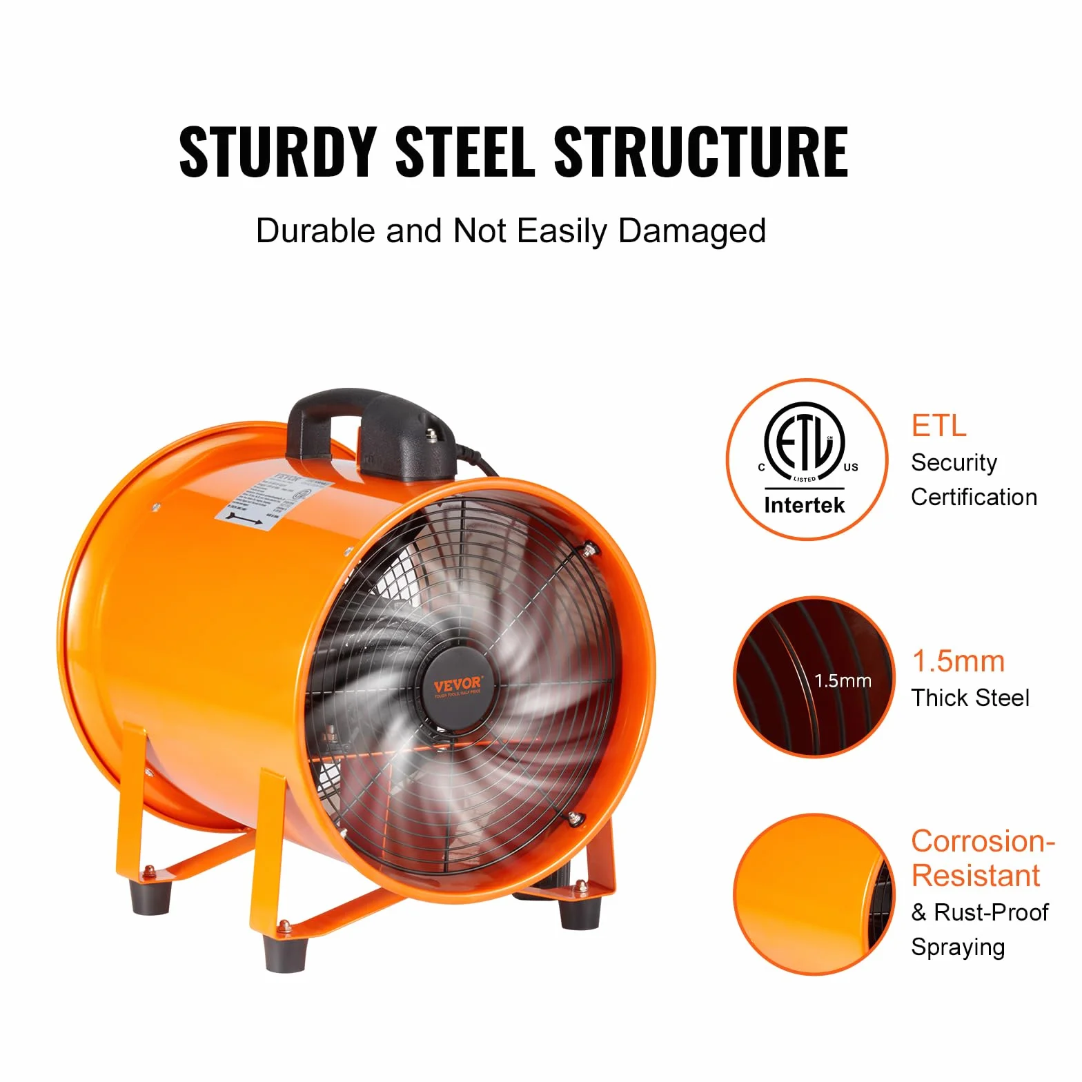 EVOR wentylator budowlany 195 W AC 2900 obr./min, 504 l/s (1070 CFM), wentylator osiowy z wężem 5 m, dmuchawa osiowa, poziom hałasu 79 dB