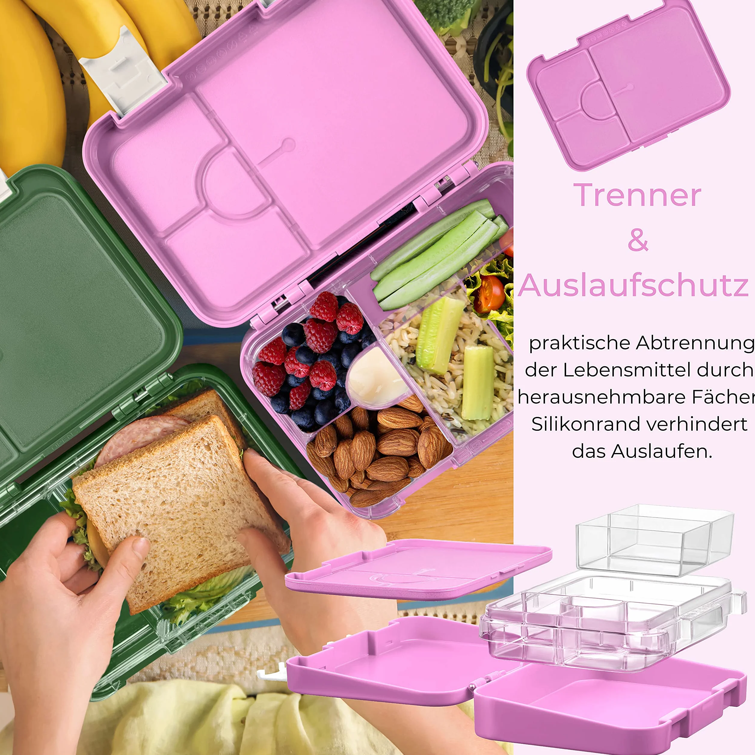 My Vesperbox Len Bento Box pudełko na lunch dla dzieci, 4 + 2 przegródki, bardzo wytrzymałe pudełko na kanapki, idealne do przedszkola i szkoły (różowy, tęcza)