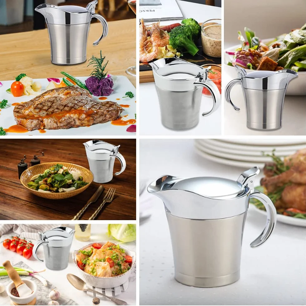 Sosownica 500 ml dzbanek na sos ze stali nierdzewnej dzbanek do serwowania dzbanek termiczny z podwójną ścianką garnek do sosu na sos termos dzbanek izolowany dzbanek na sos z pokrywką do sosu, kremu, sosu (500 ml)