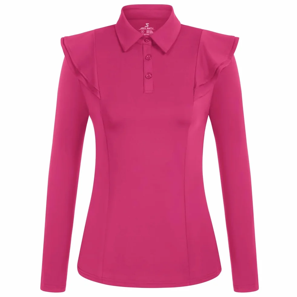 Jack Smith Damska koszulka polo z długim rękawem z falbankami wilgoć Wicking Tenis Athletic Shirts Button Up