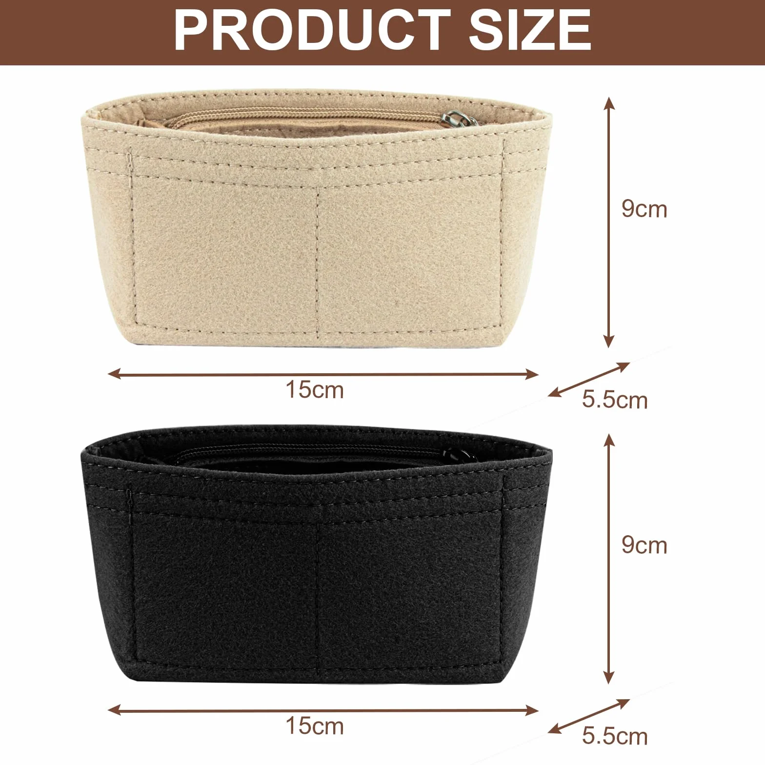 2 x organizer na mini torebki, kompatybilny z Longchamp, z wieloma kieszeniami, czarny i beżowy, 17 x 5 x 8 cm