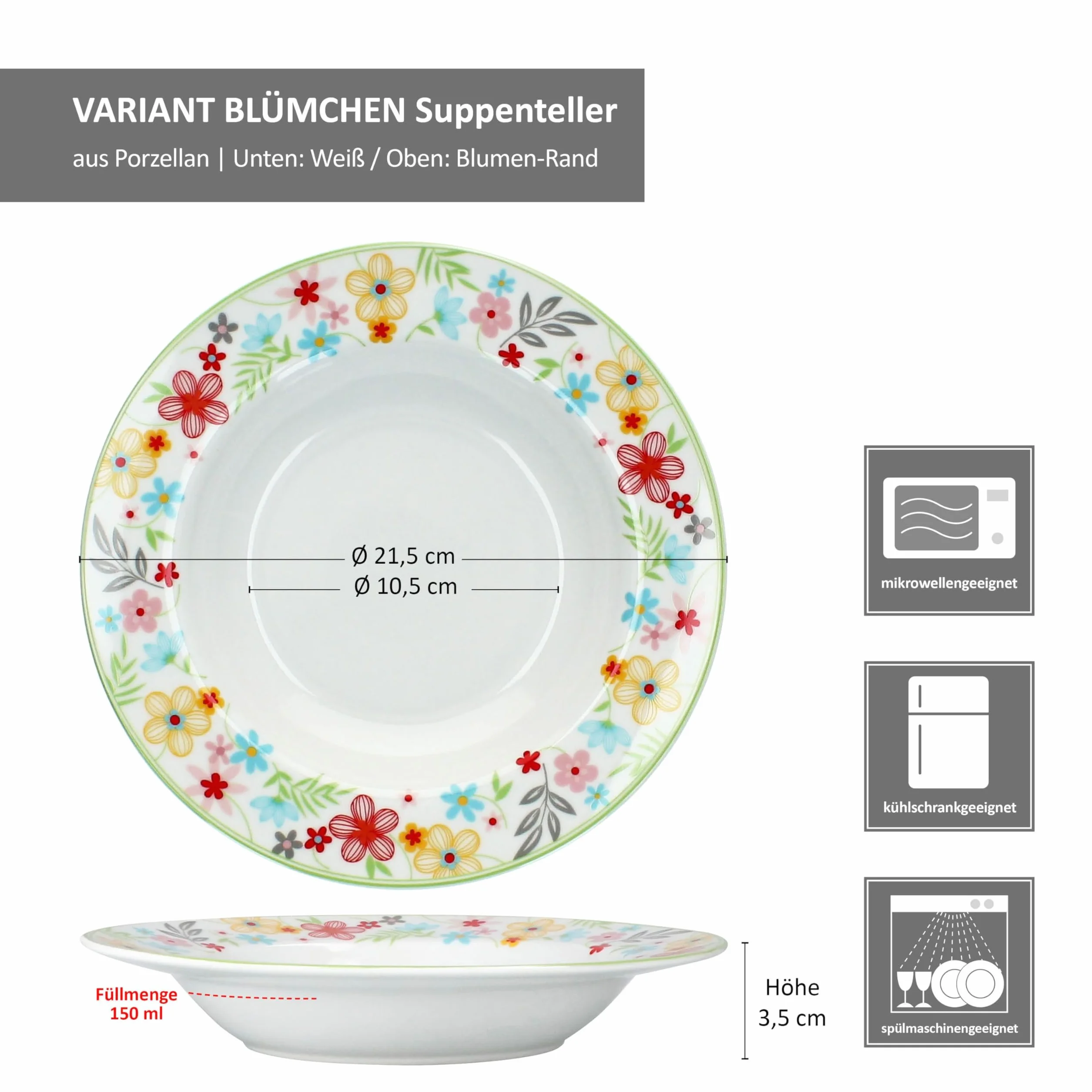MamboCat Zestaw 6 talerzy do zupy z kwiatkami, kolorowe, głębokie talerze porcelanowe dla 6 osób, kolorowe, okrągłe talerze do sałaty, zupy, musli, makaronu itp. na śniadanie, obiad i kolację