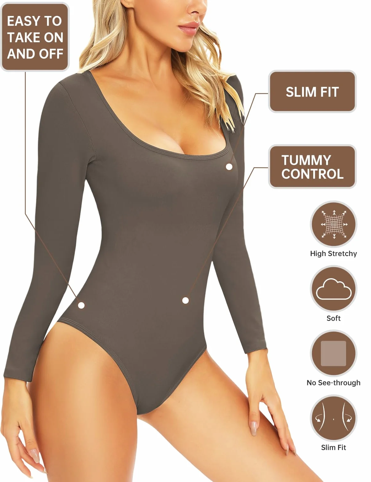 Body damskie z długim rękawem, elegancki, seksowny dekolt w kształcie litery U, jednolity kolor, na co dzień, rozciągliwe, podstawowe, obcisłe, górne body