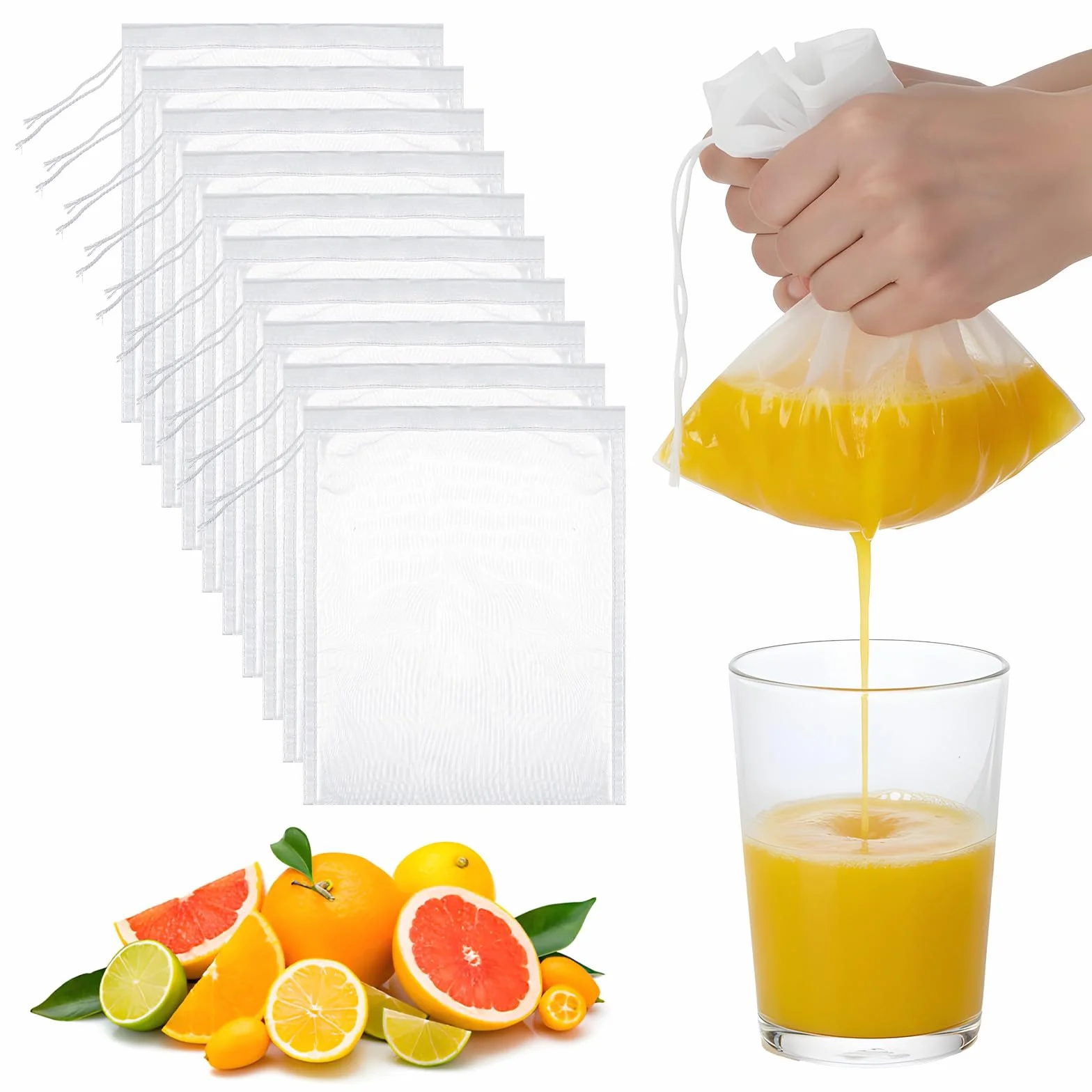 10 sztuk worków na mleko orzechowe, wielokrotnego użytku, nylonowe worki do odcedzania soków, 19.99 x 15.01 cm, 200 siatek, białe worki z rzemieniem do napojów, do odcedzania wina, soku