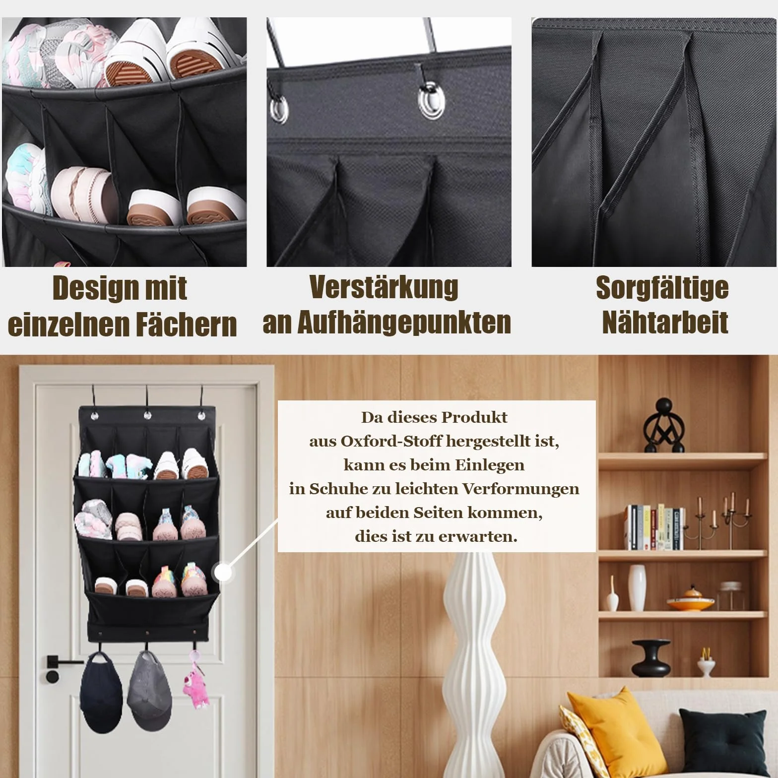 Wiszący organizer na buty nad drzwiami 12 kratek czarny
