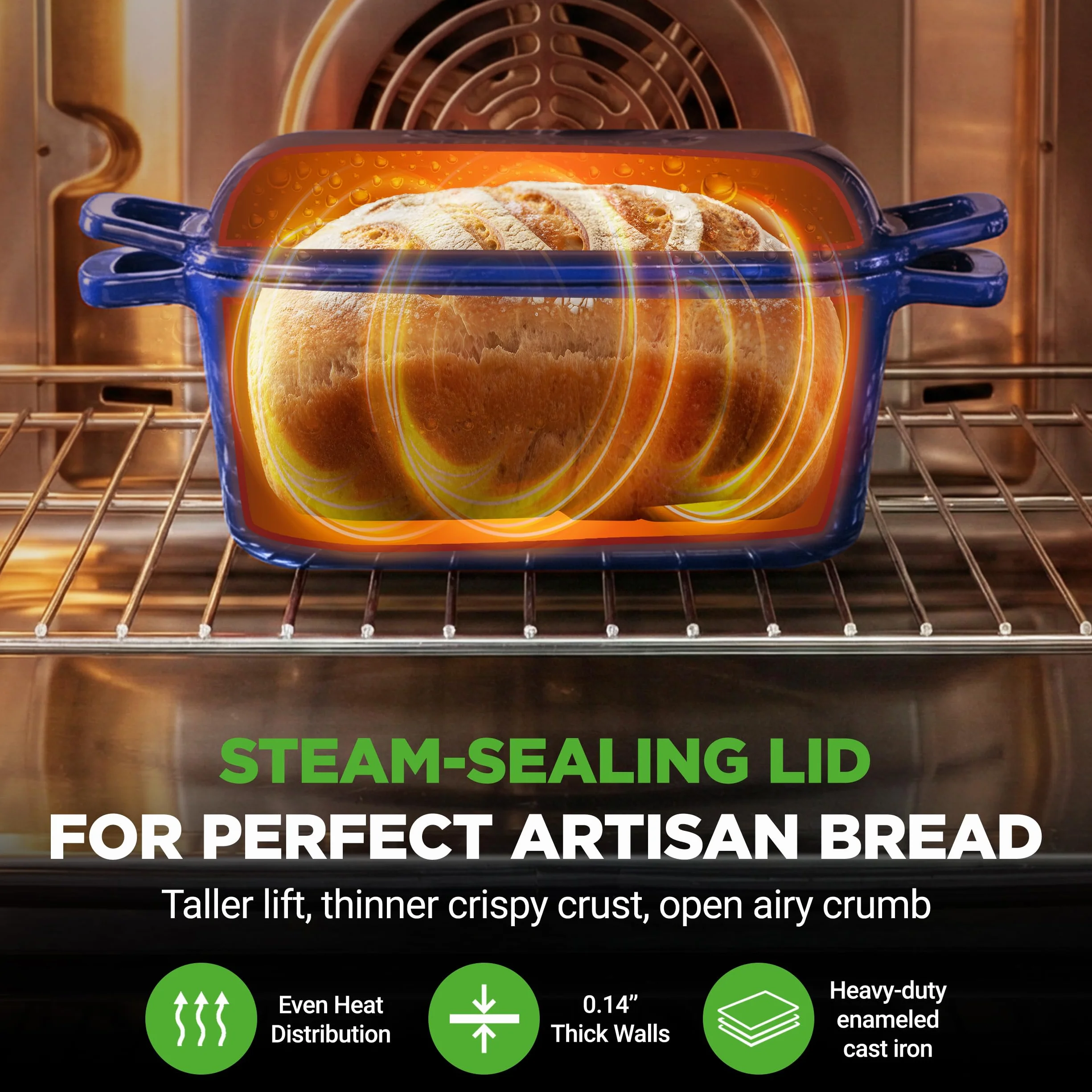 NutriChef 10" emaliowana żeliwna forma do chleba z pokrywką, owalna forma typu Dutch oven z silikonowymi rękawicami, odporna na temperaturę do 260°C, do pieczenia, pieczenia mięs, duszenia, niebieska