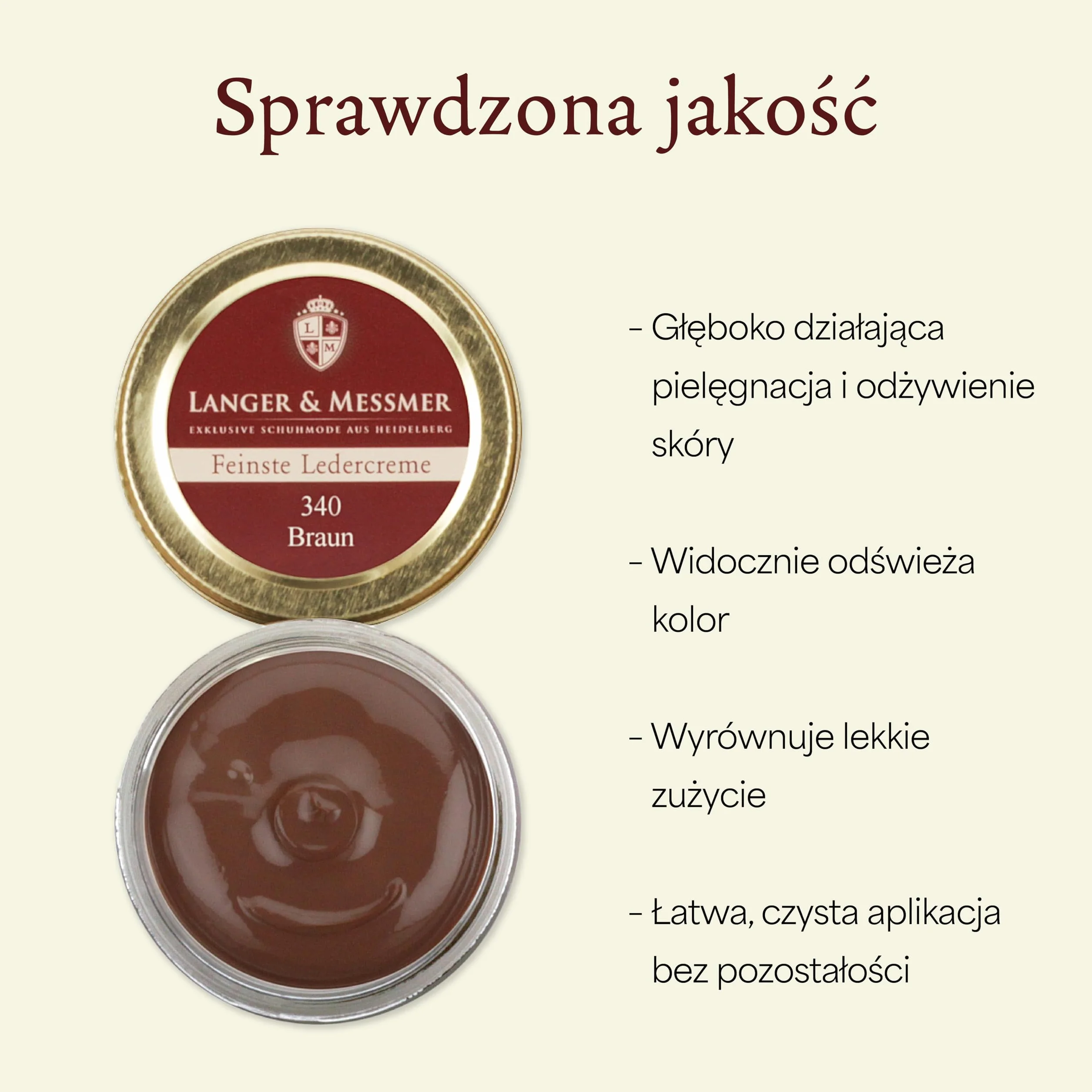 Langer & Messmer najdelikatniejszy krem do pielęgnacji gładkiej skóry – wysokiej jakości pasta do pielęgnacji butów 50 ml | nadaje się do wszystkich butów z gładkiej skóry | brązowy