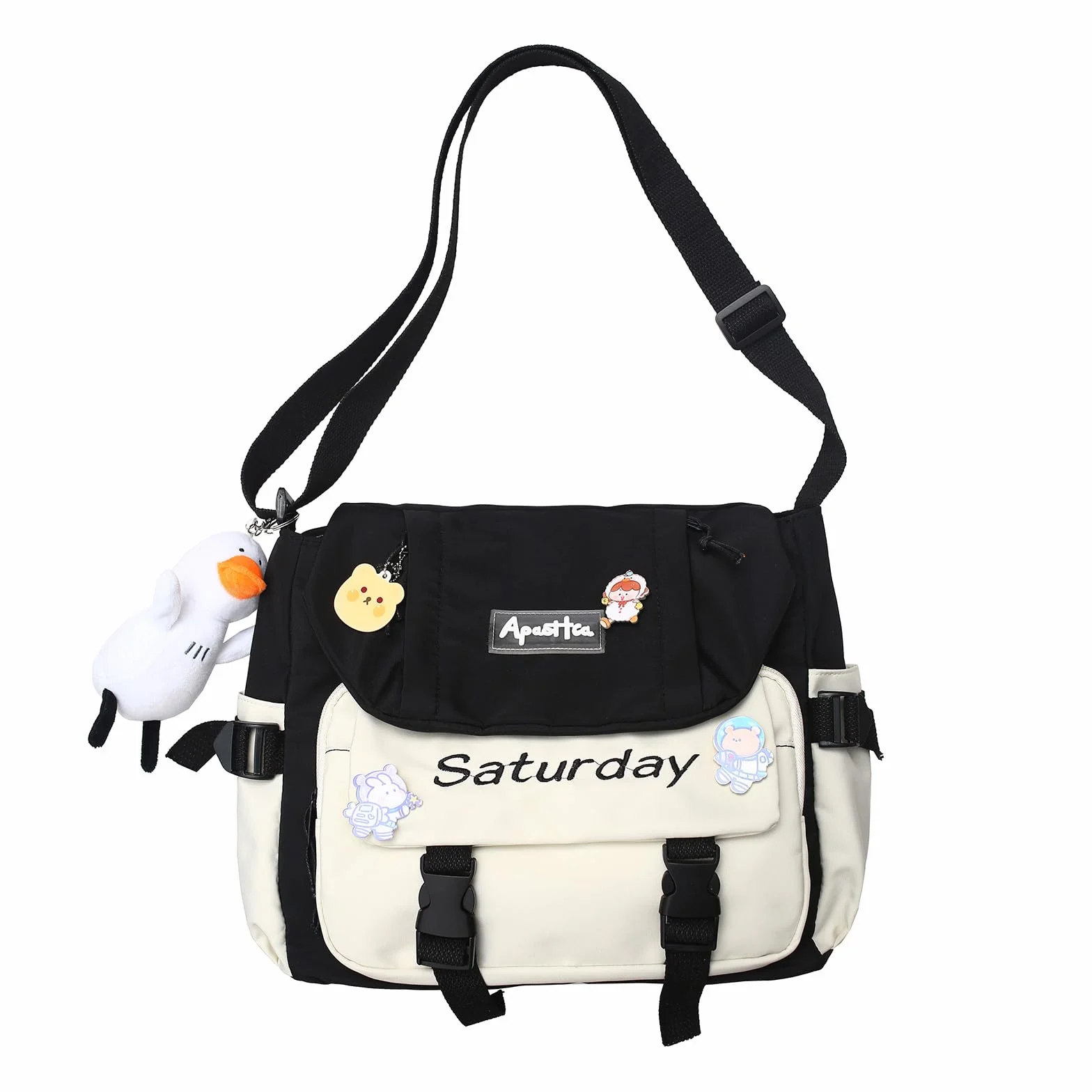 Urocza torba kurierska dla nastolatek kobiet, kawaii, listonoszka, torebki crossbody, torebka na ramię z pinezkami i wypchanym wisiorkiem, prezent 2024
