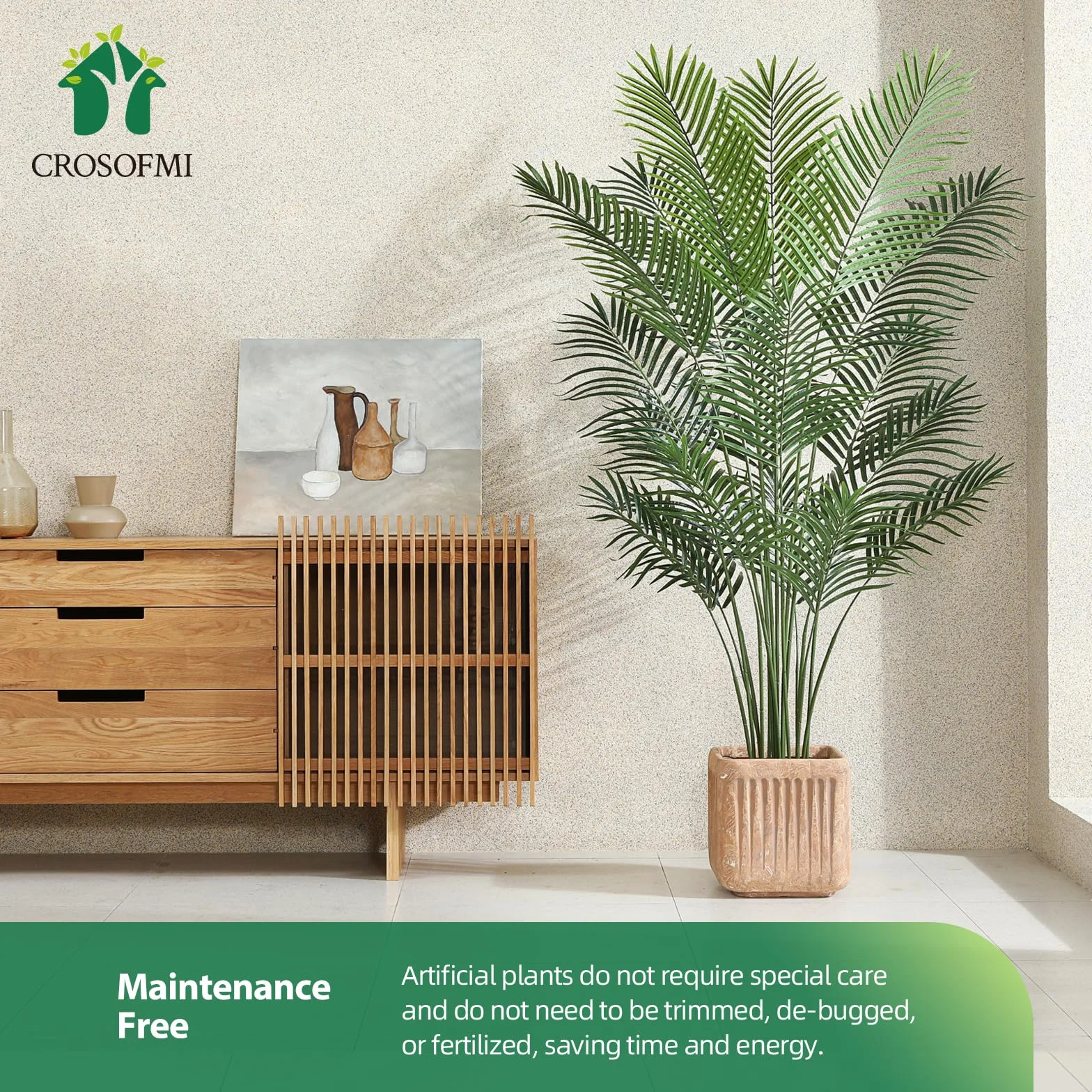 CROSOFMI Sztuczna palma Areca, 160 cm, sztuczna palma tropikalna, idealna sztuczna dypsis Lutescens, rośliny w doniczce, do wewnątrz, na zewnątrz, do domu, biura, ogrodu, nowoczesna dekoracja, prezent