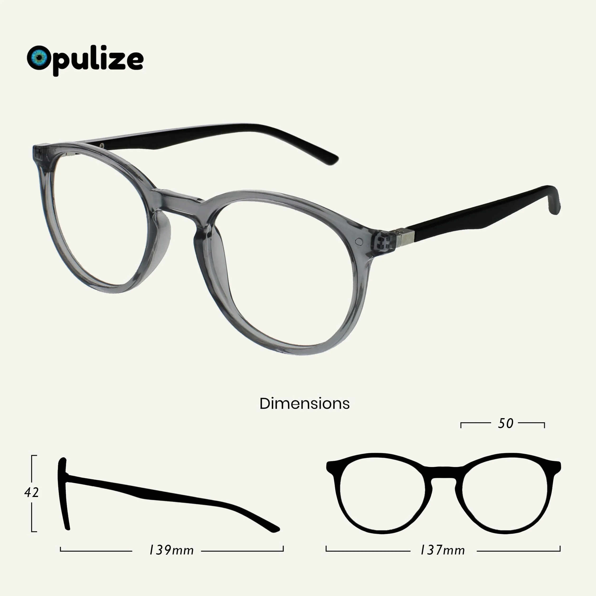 OPULIZE Met okulary do czytania smukła okrągła oprawka zawiasy sprężynowe odporne na zarysowania przezroczyste szare czarne zauszniki mężczyźni kobiety R60-7 -1.00
