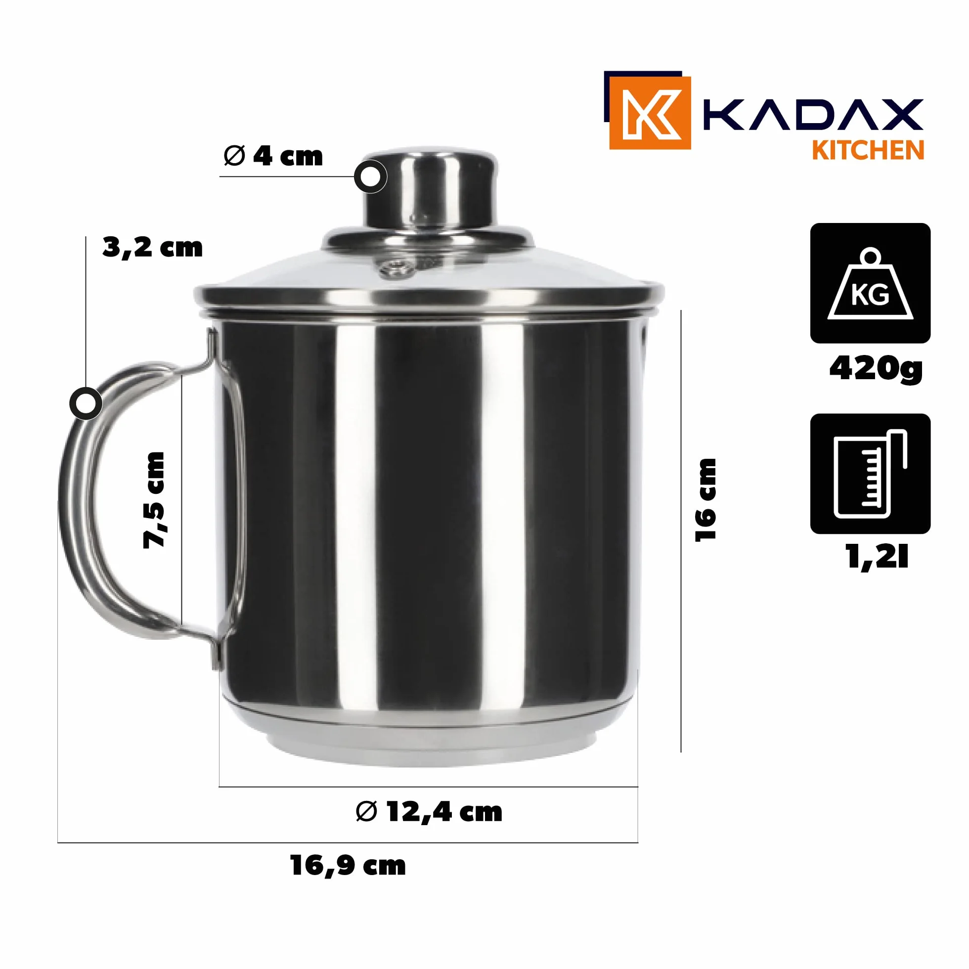 KADAX Garnek ze stali nierdzewnej 1,2 l do mleka na każdej kuchence, szklana pokrywa z otworem na parę ogranicza wykipienie, uchwyt ułatwia nalewanie.