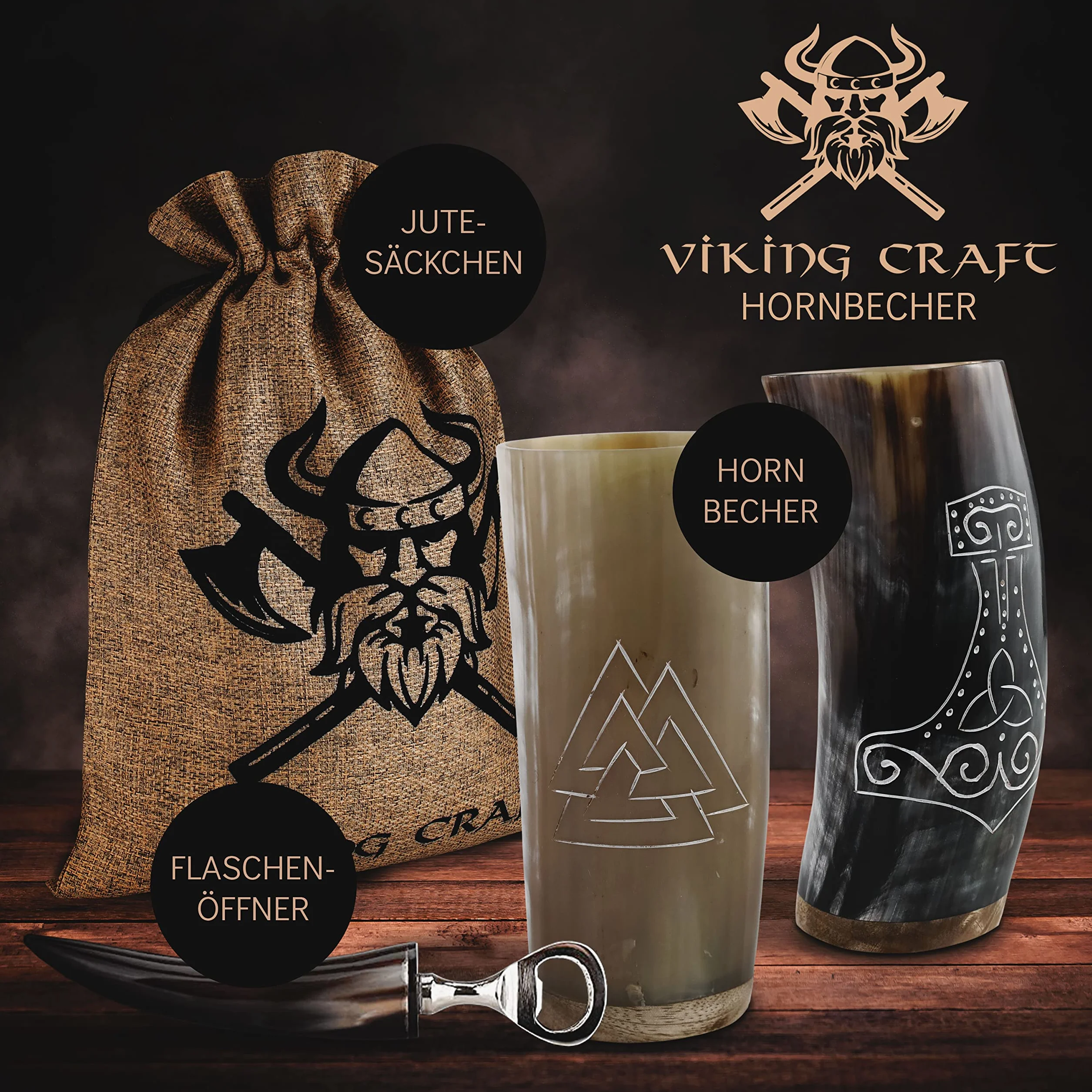 VIKING CRAFT Zestaw kubków wikingów z rogiem do picia 350 ml z otwieraczem