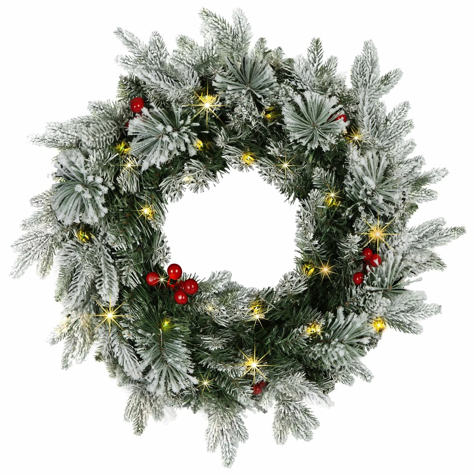 50 cm sztuczny wieniec bożonarodzeniowy z 50 diodami LED, ozdobiony czerwonymi jagodami, mroźne gałęzie, dekoracja bożonarodzeniowa do drzwi na ścianę do wewnątrz i na zewnątrz