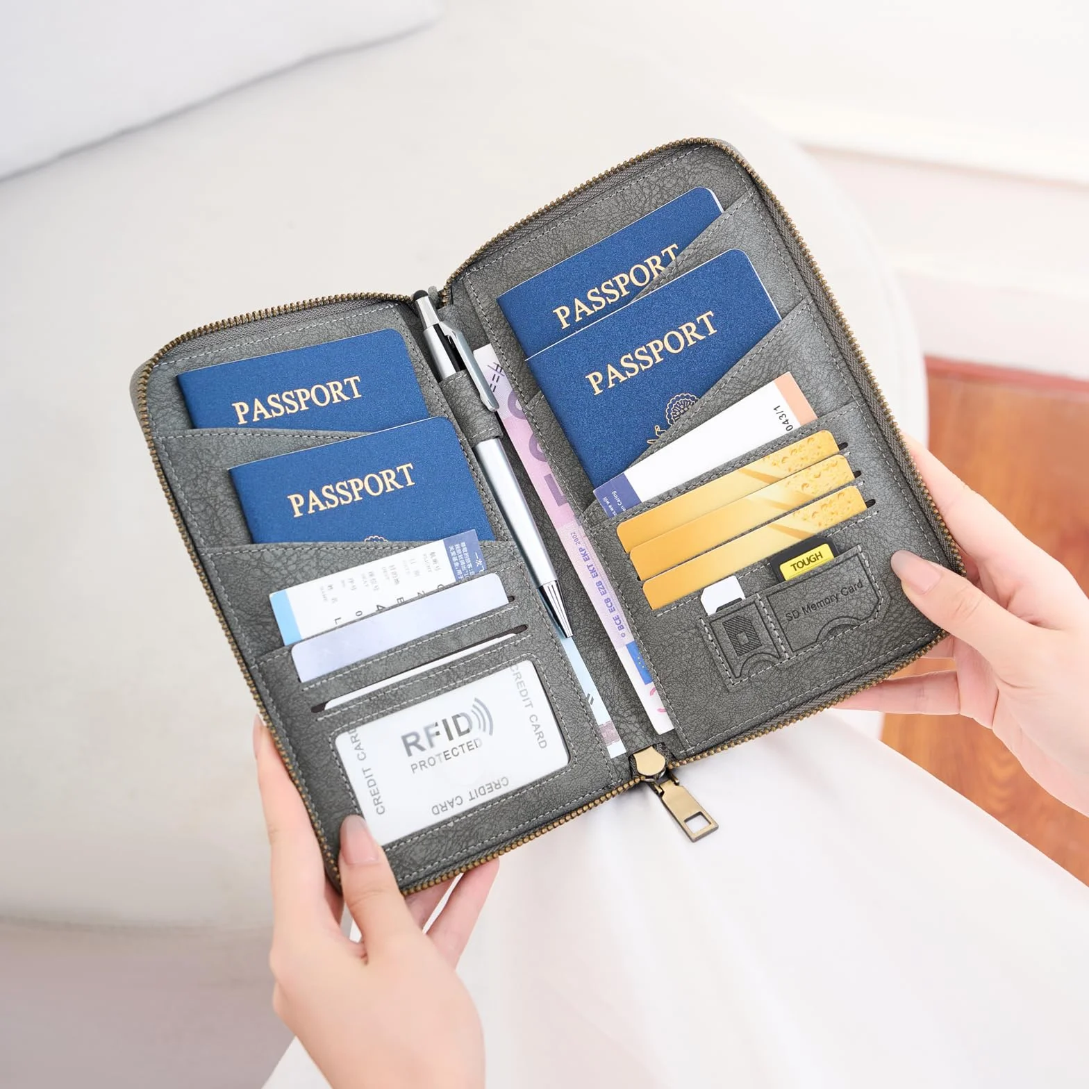 Toctax Podróżny uchwyt na dokumenty, portfel podróżny z ochroną RFID, rodzinny uchwyt na paszport, Szary, Nowoczesny