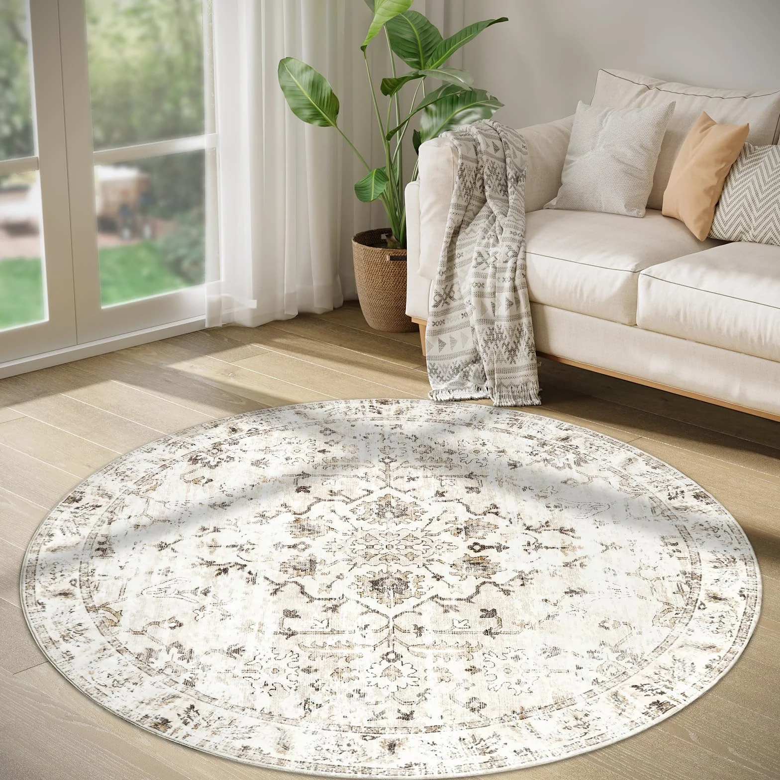 Okrągły dywan w stylu vintage 120 cm beżowy antypoślizgowy zmywalny do salonu