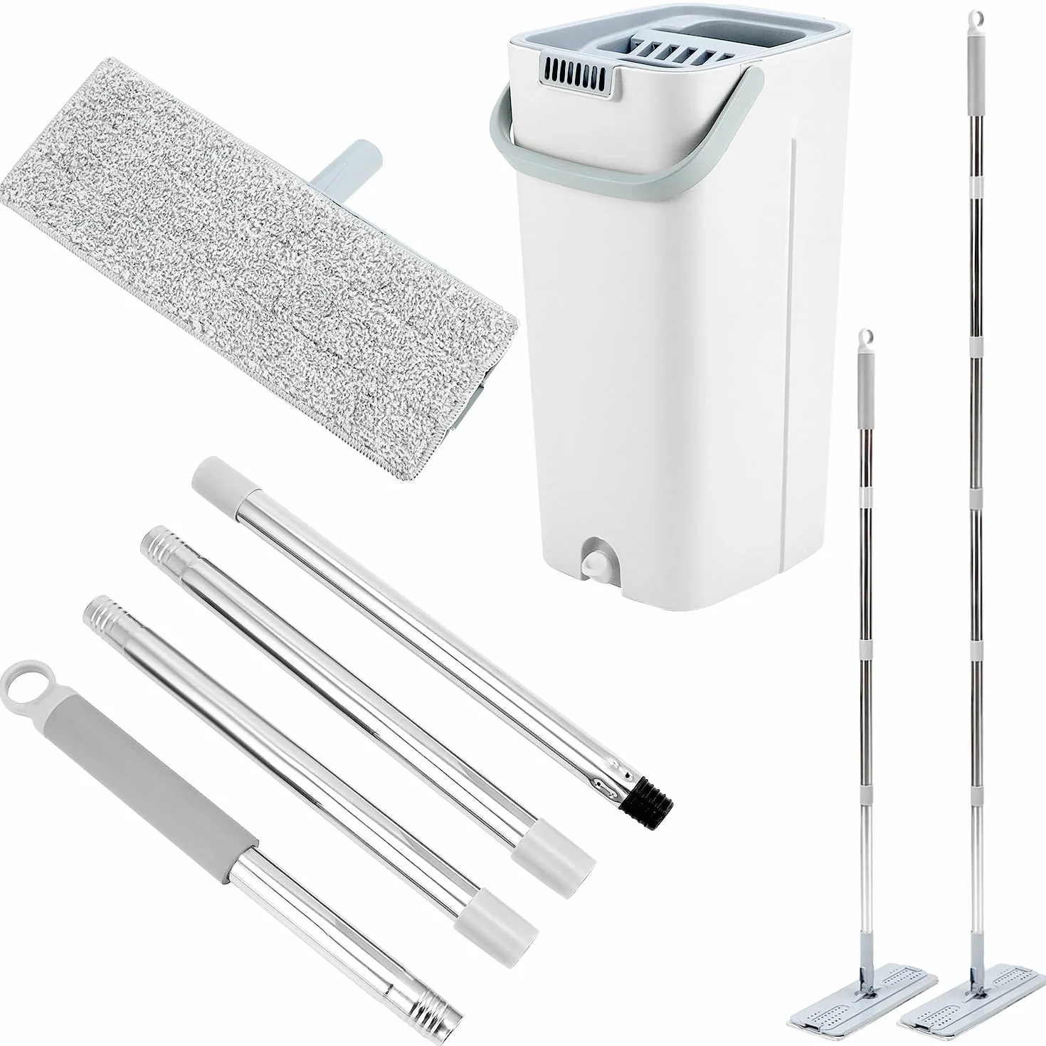QWORK® Zestaw mopa i wiadra, wielofunkcyjny system czyszczący dwukomorowy, z 10 podkładkami z mikrofibry i uchwytem o długości 120 cm