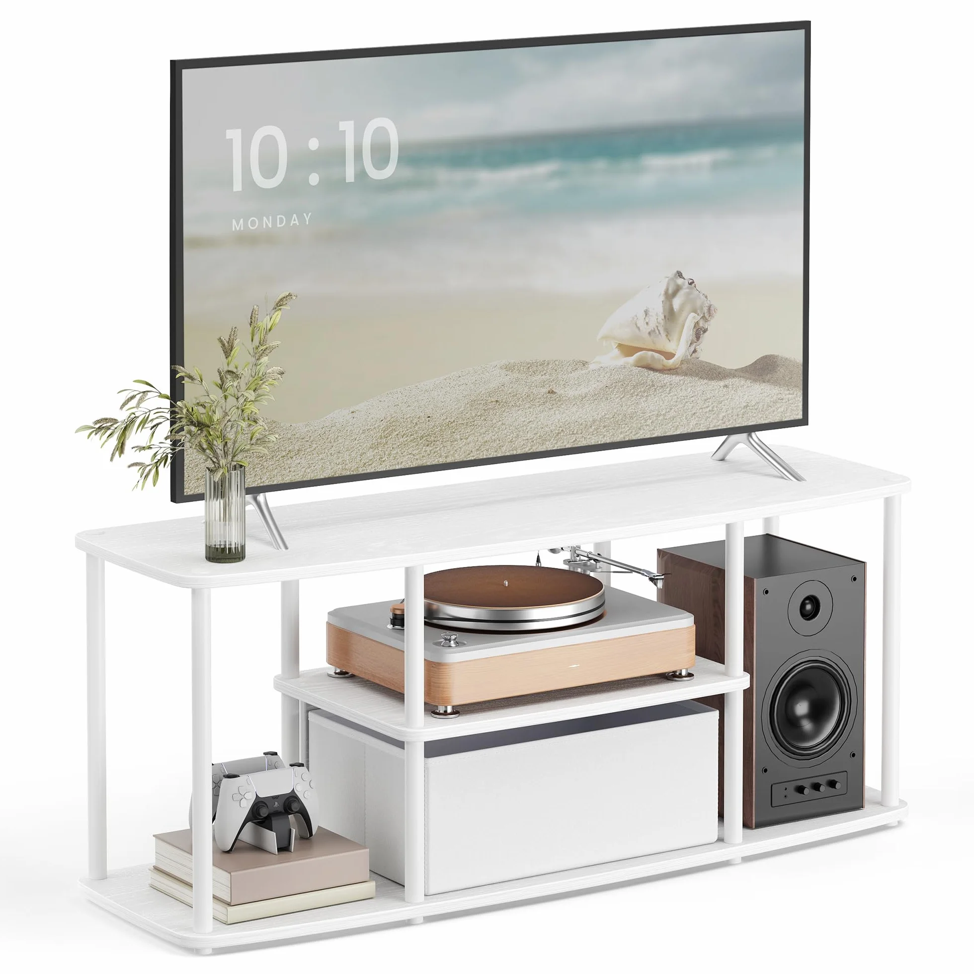 SONGMICS HOME Superszybki montaż bez użycia narzędzi, szafka pod telewizor do 50 cali, stolik RTV, niski kredens, salon, 110 x 35 x 46 cm, półka, śnieżnobiały – matowy biały LTV500W01