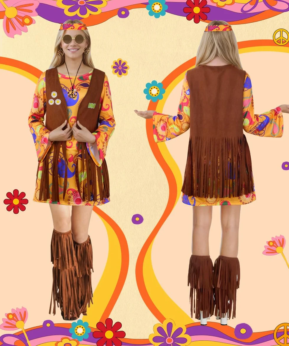 TOLOYE Fantazyjna sukienka dla kobiet w stylu lat 70., kostium hipisowski, z kamizelką z frędzlami, boho, opaska na głowę, zestaw naszyjników w stylu lat 60. XX wieku, sukienka hipisowska, na