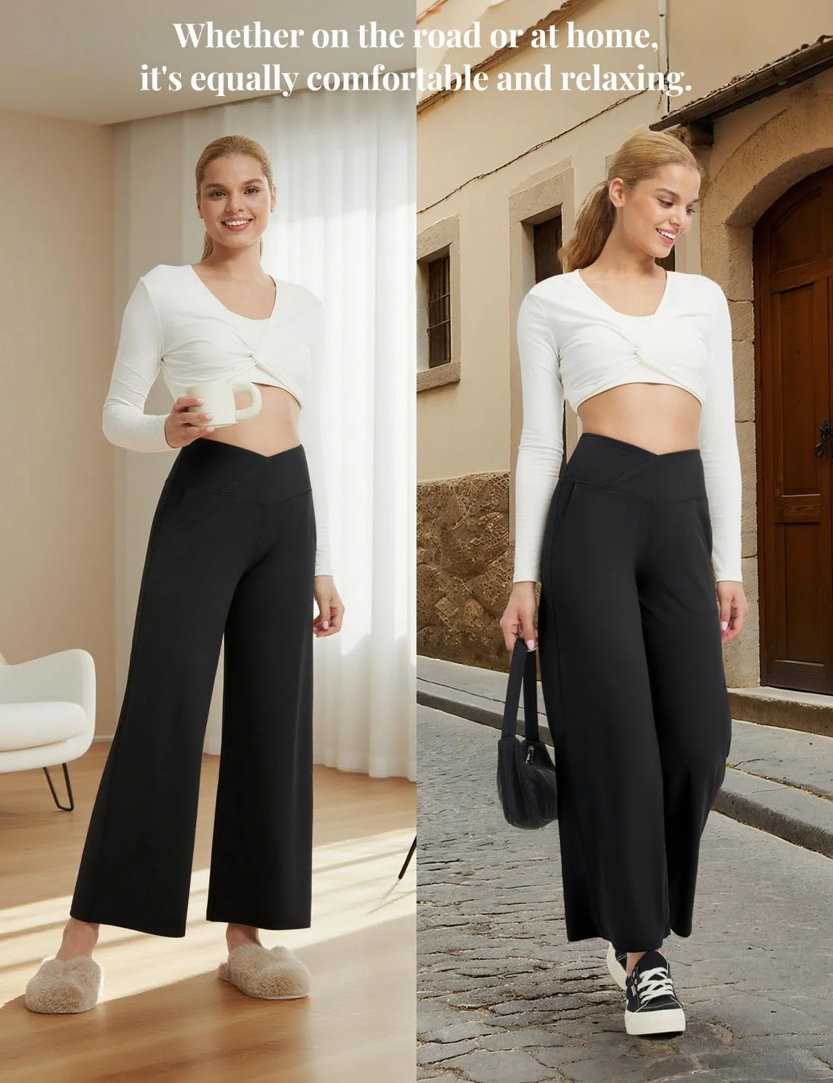 baleaf Szerokie spodnie damskie do jogi z kieszeniami, eleganckie spodnie materiałowe, wysoka talia, spodnie do biegania, spodnie do biegania, spodnie z prostymi nogawkami, kontrola brzucha, spodnie