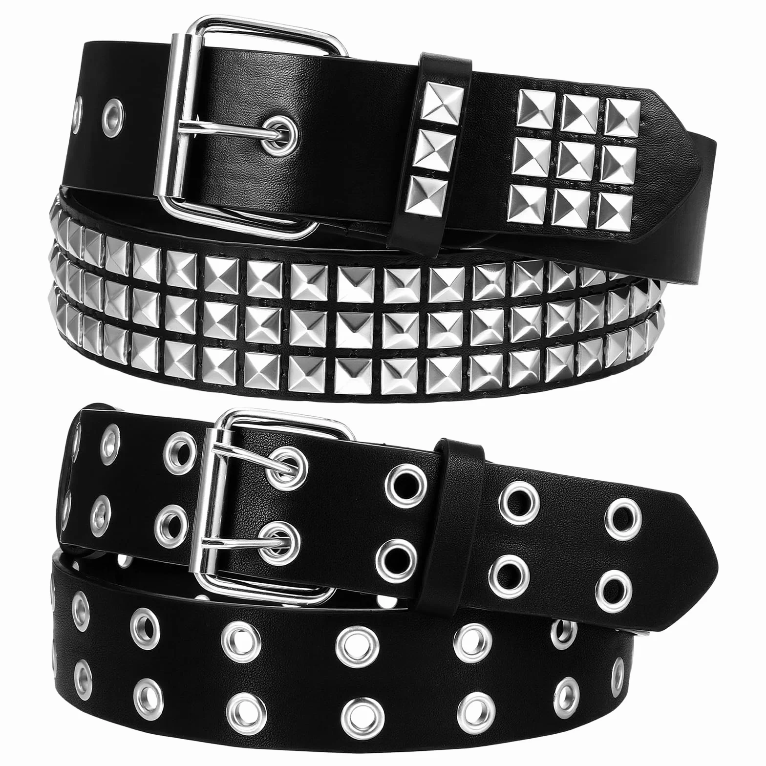 2 sztuki pas damski z nitkami punk rock czarny pas damski z nitkami grunge akcesoria pas z nitkami goth row pyramid square pas męski z nity Y2k skórzany pas biodrowy na jeansy spodnie gotyckie