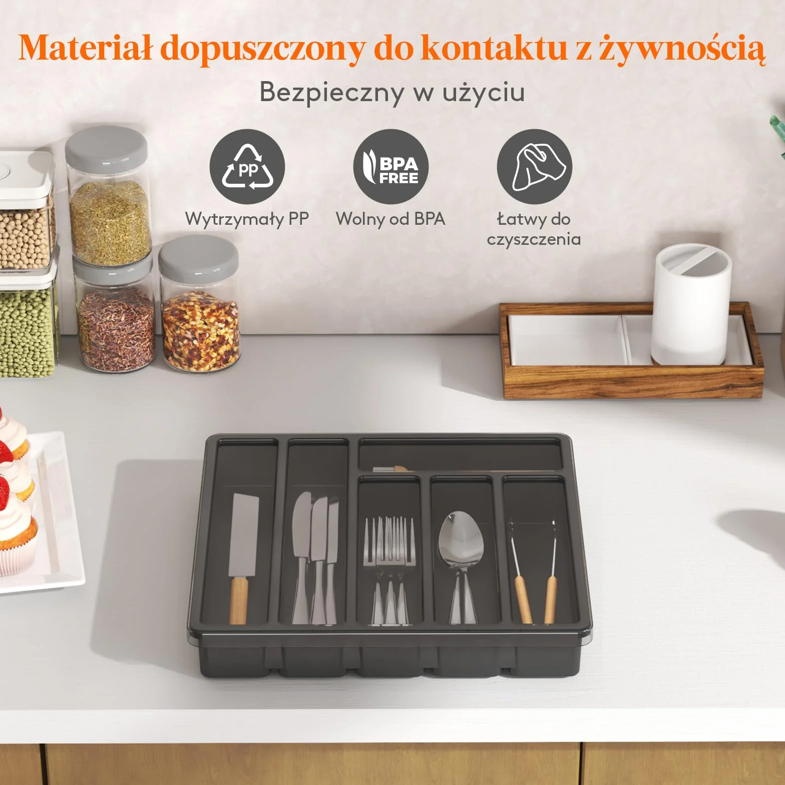 Taca na sztućce Lifewit z pokrywką, pojemnik na sztućce do szuflady kuchennej i na blat, plastikowa szuflada na sztućce, organizer na łyżki, widelce, noże, 6 przegródek, czarny