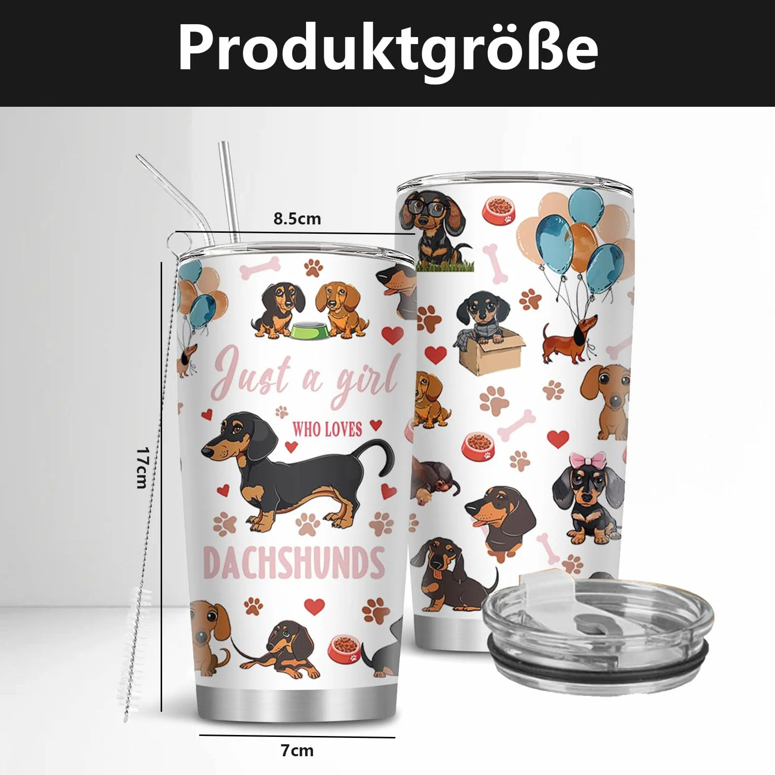 Onperpoe Kubek ze stali nierdzewnej, 590 ml, z podwójnymi ściankami, izolowany kubek z pokrywką i słomką, ze wzorem jamnika, kubek termiczny do kawy, do biura, na podróż, piknik