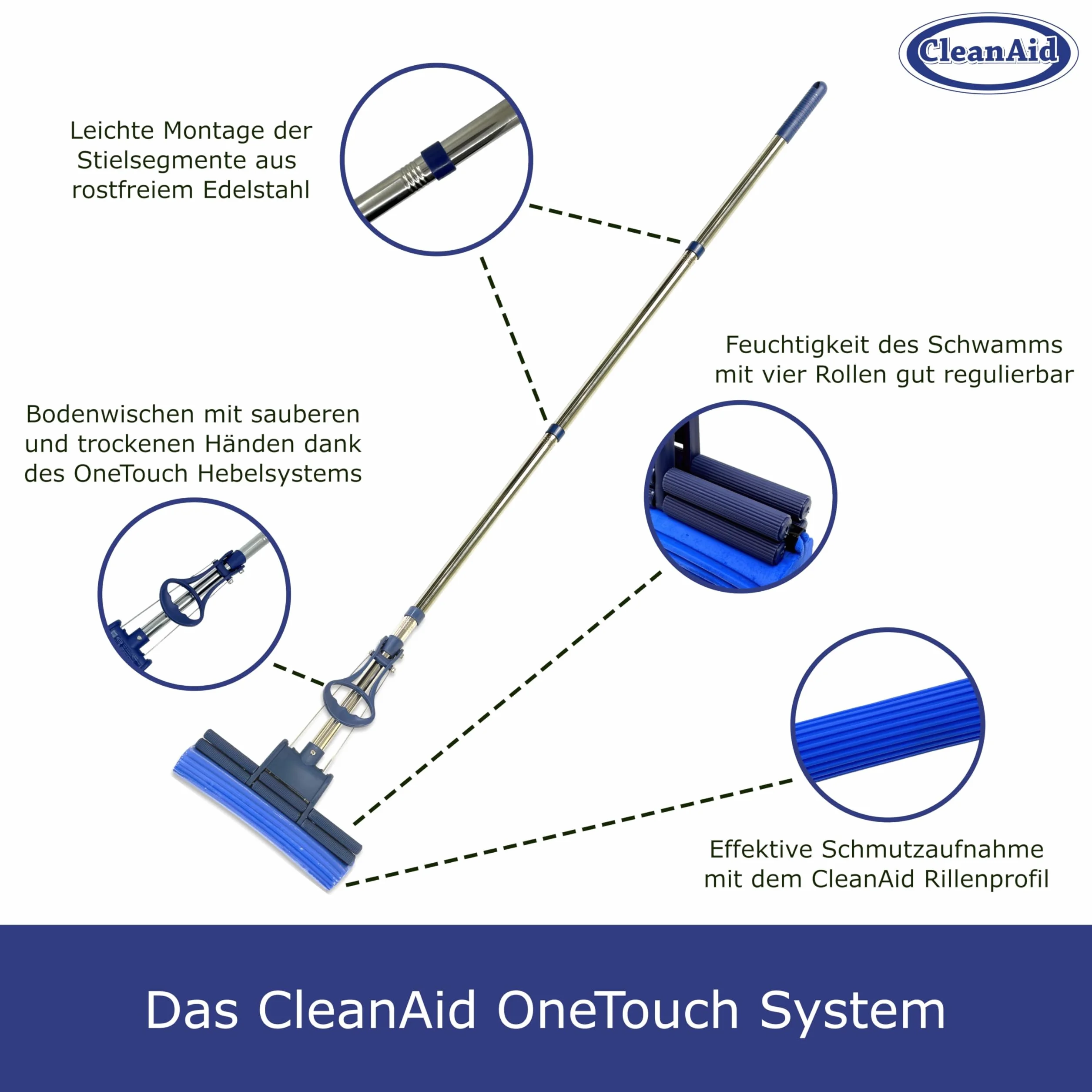 OneTouch GO! Mop ze stali nierdzewnej – trzonek segmentowy, 2 x gąbka PVA, funkcja One-Touch, wyciśnięcie bez smug, do laminatu, parkietu i płytek – higieniczna wycieraczka do podłogi bez