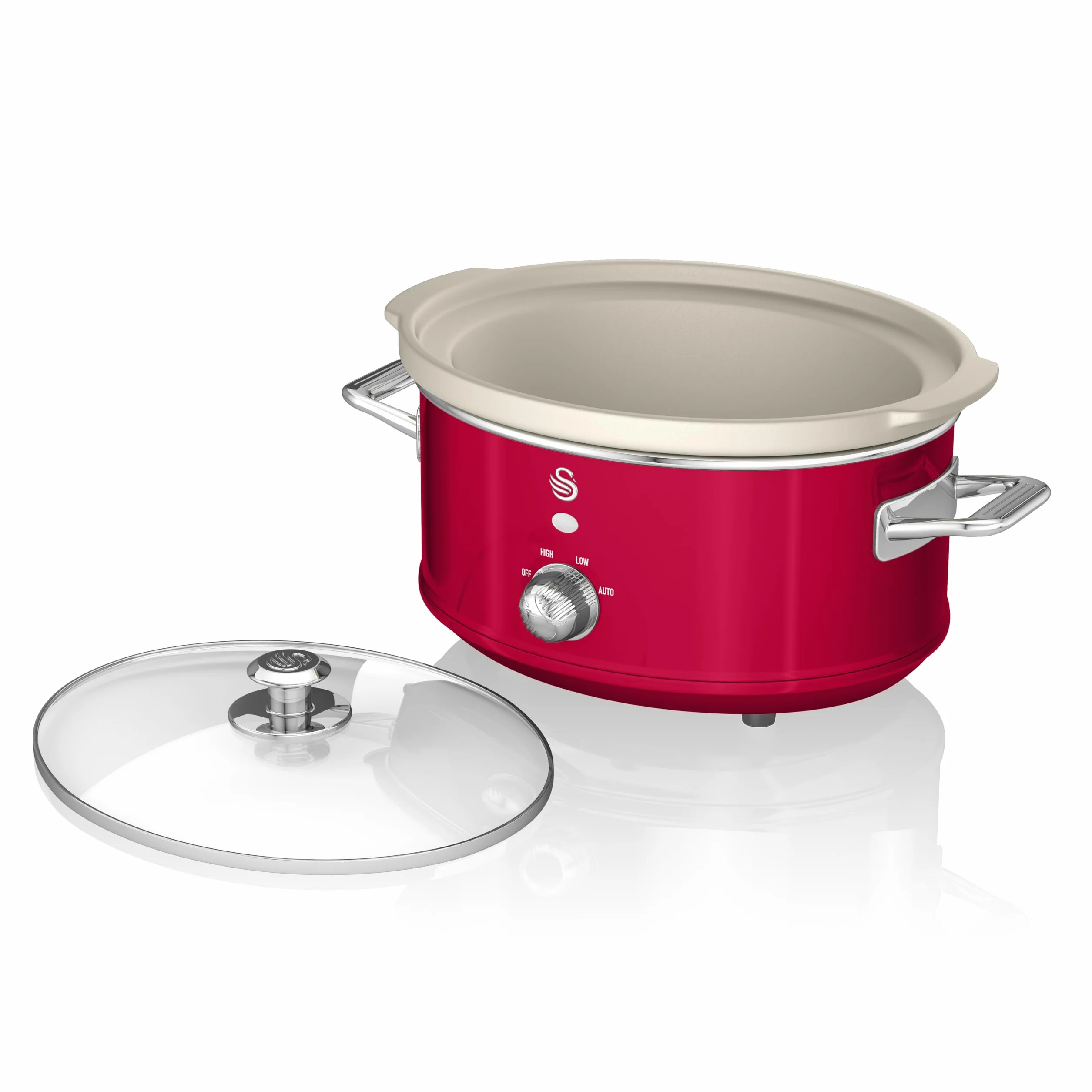 Swan Retro SF17021RNEU wolnowar 3,5 l Wymienny pojemnik, nieprzywierająca ceramika wolna od PFOA i PTFE, 3 poziomy temperatury, szklana pokrywa, powolny kucharz, vintage design, czerwony, 200 W
