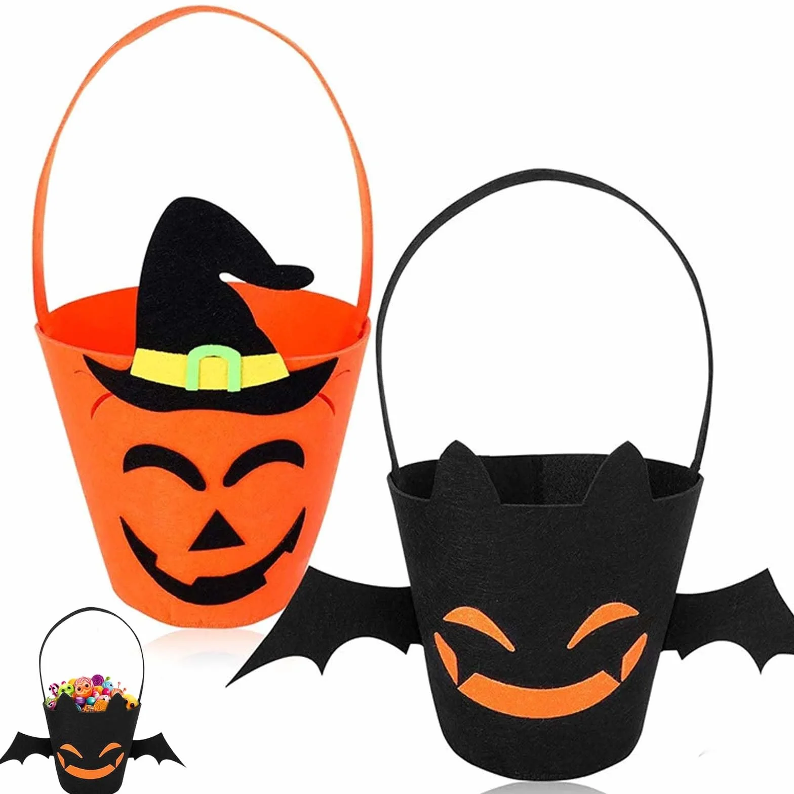 Zestaw wiader na Halloween, 2 filcowe kosze na słodycze z motywem dyni i nietoperza, kosz na Halloween dla dzieci, miska na słodycze do kolekcjonowania i dekorowania