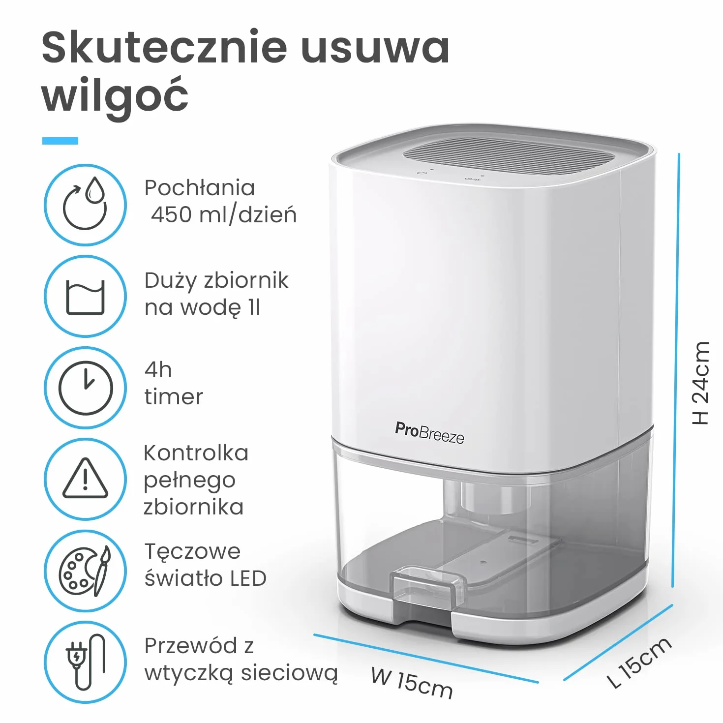 Pro Breeze Elektryczny osuszacz powietrza 1000 ml z timerem 4h, pochłaniacz wilgoci, mini osuszacz do łazienki, biały