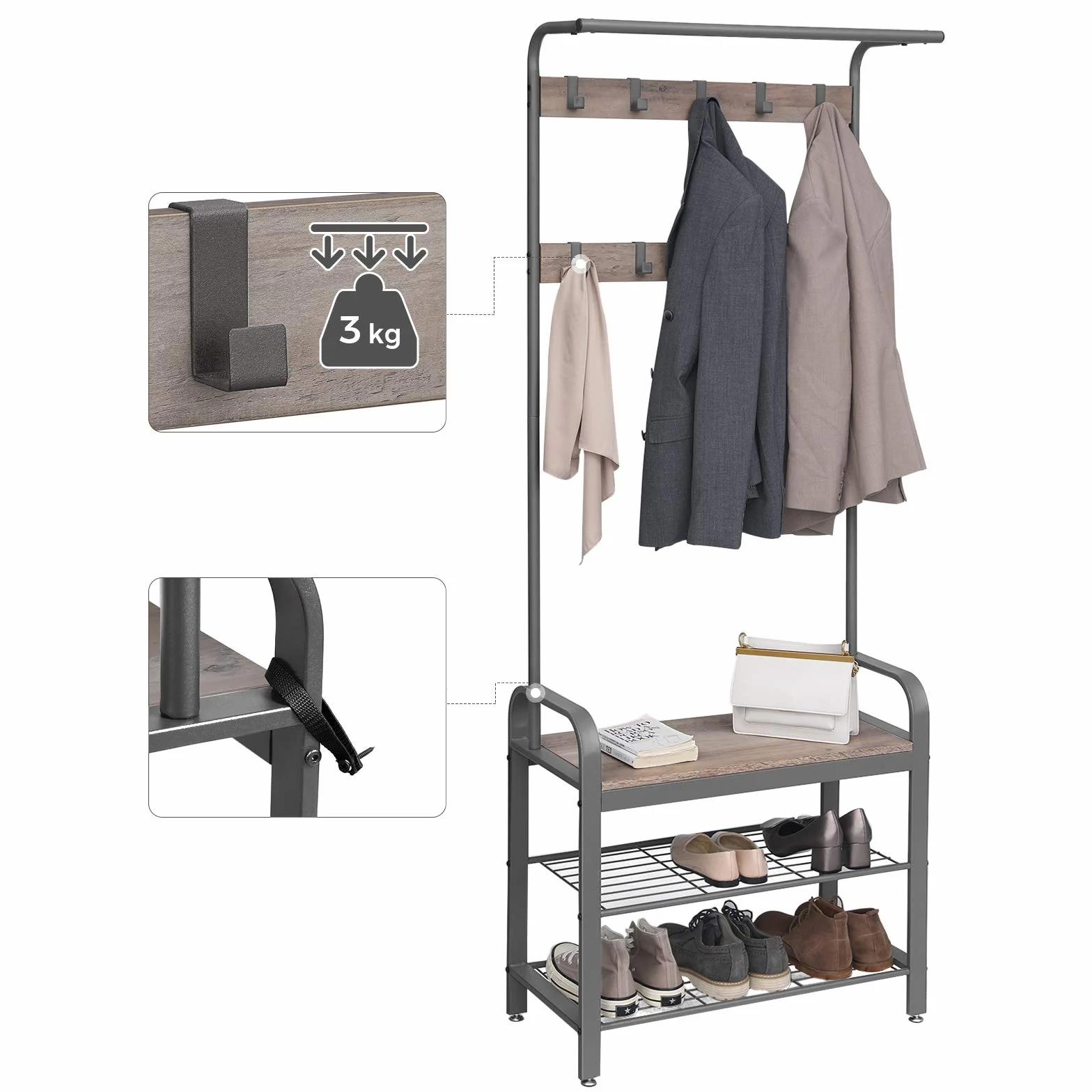 SONGMICS RUS4PK Wieszak na Ubrania z Siedziskiem, 9 Haków, 2 Półki, 183 cm, Szary