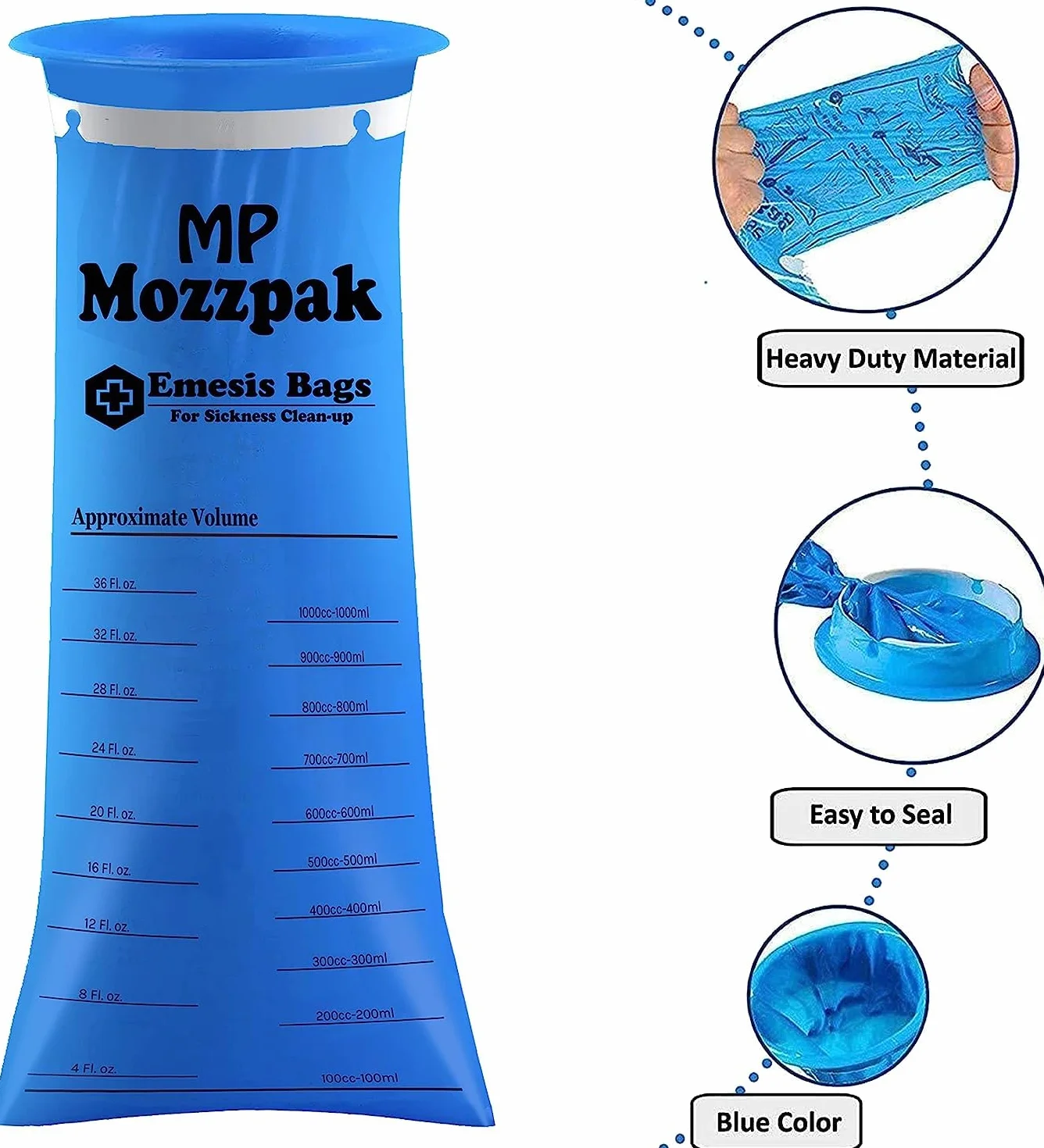 MP MOZZPAK Vomit Bags Disposable – 35 Pack – 1000ml Barf Bags – Leak Resistant, Medical Grade, Portable Emesis Bags, Puke, Throw Up, Nausea Bags for Travel Motion Sickness, Car & Aircraft, Kids, Taxi