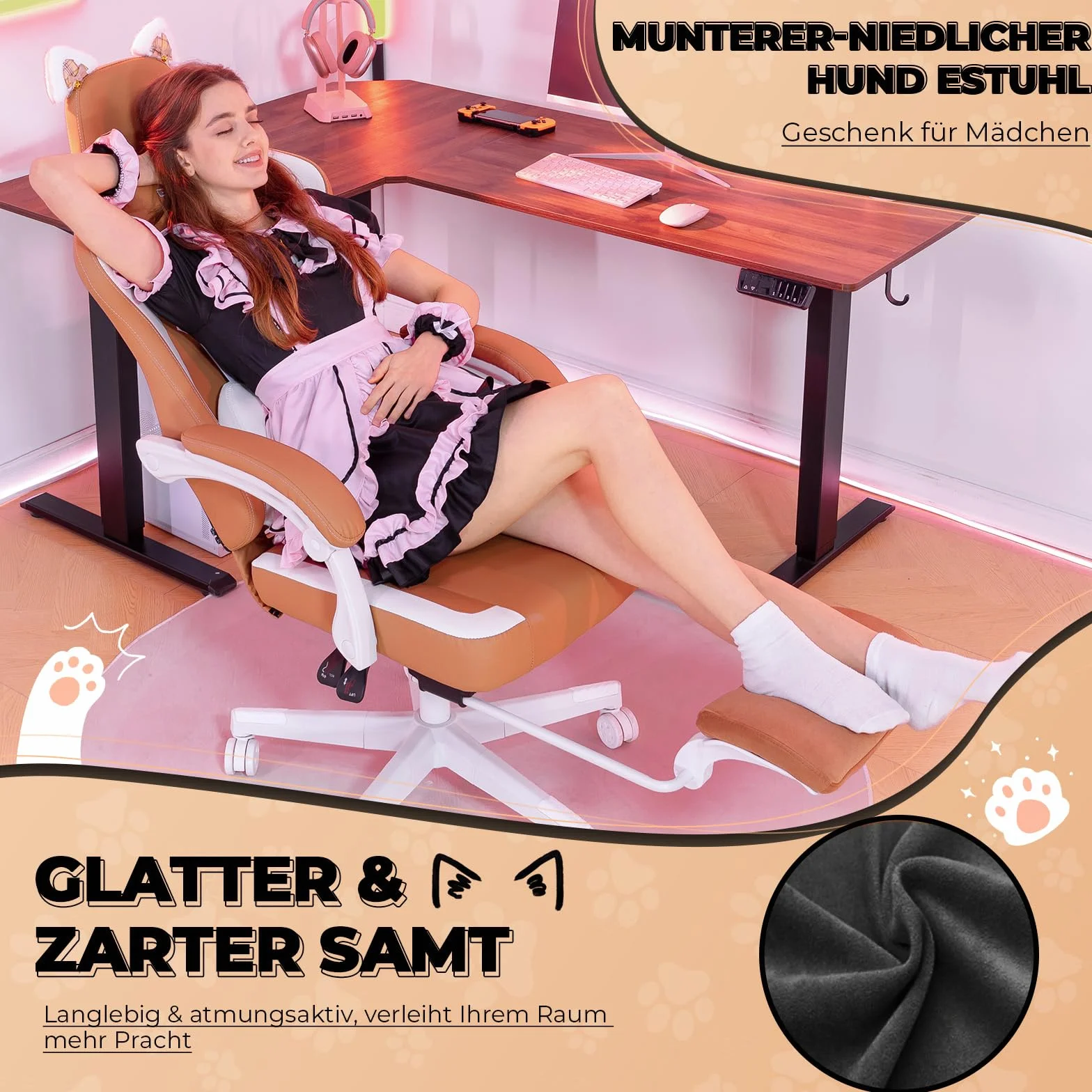 GTPLAYER Urocze krzesło gamingowe, ergonomiczne krzesło biurowe dla graczy z kocimi uszami, pianka memory i podnóżek, 150 kg, sztuczna skóra, brązowe