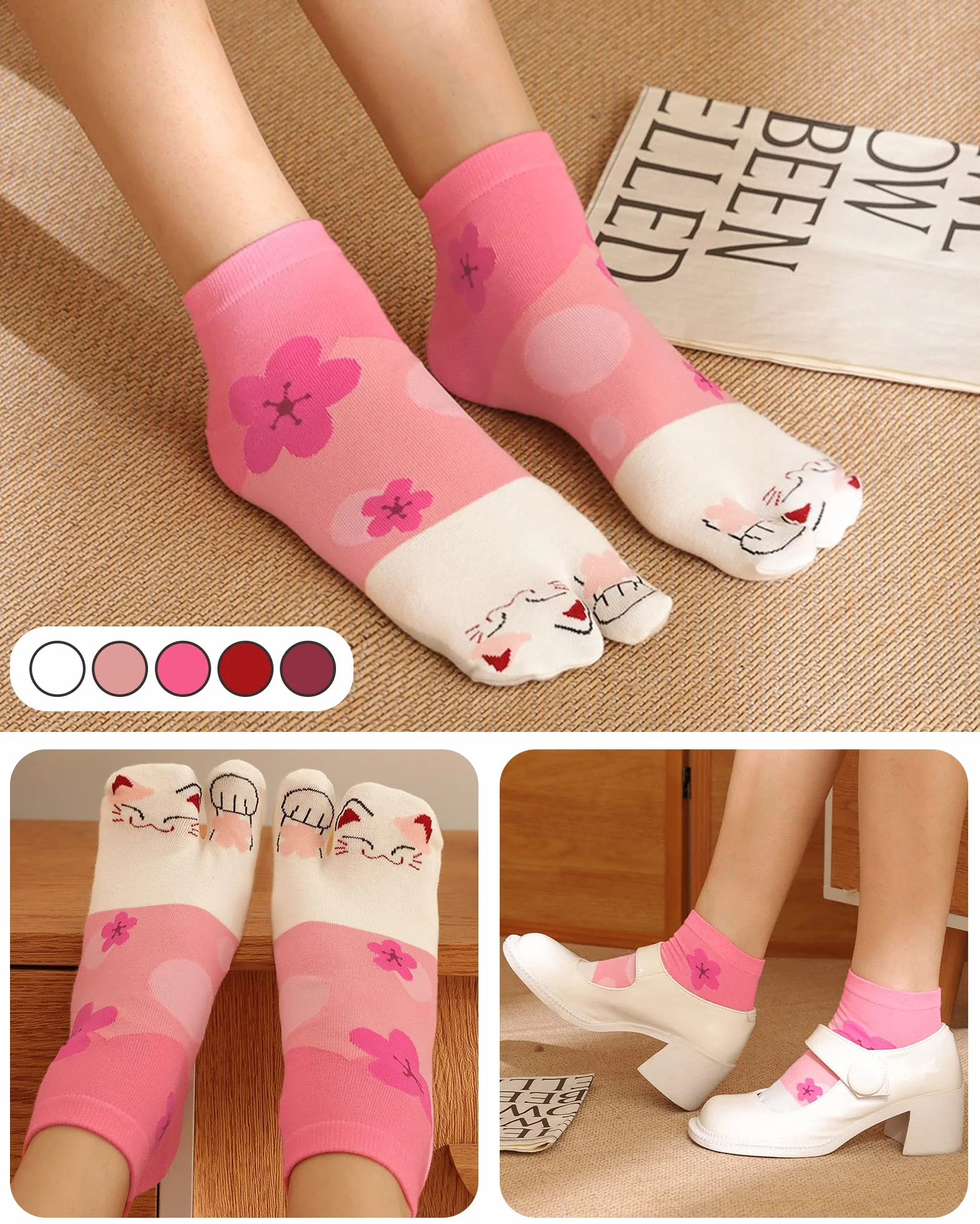 Tabi damskie skarpety typu flip flop, skarpety z bawełny, krótkie skarpety z dwoma palcami, styl japoński, kolorowe, zabawne wzory Sakura, rozmiar 35-41, 4 pary, 1 para kotów szczęścia