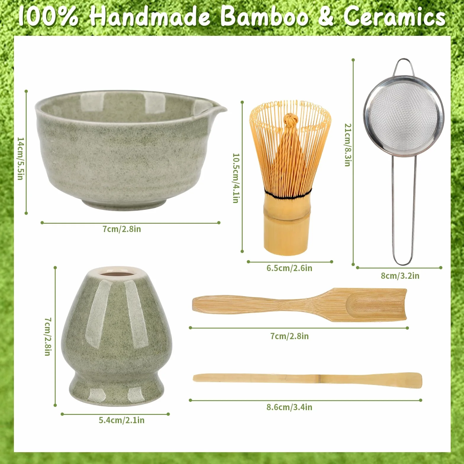 Zestaw Matcha 6 Elementów Trzepaczka Sitko Miseczka Bambusowe Łyżki Ceramiczny Stojak