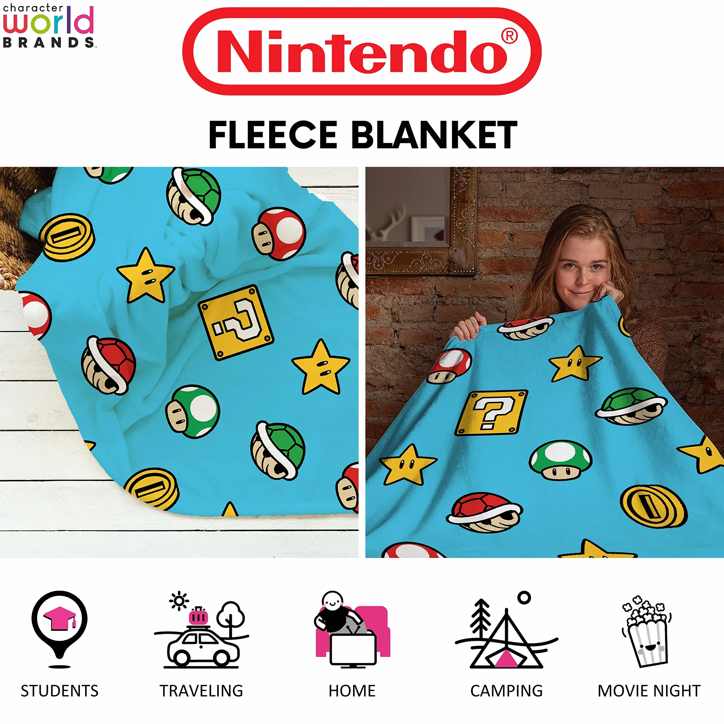 Character World Nintendo oficjalnie licencjonowany koc polarowy Super Mario, super miękka, ciepła narzuta, kontynuacja gier, idealny do sypialni, na kemping i nocowanie