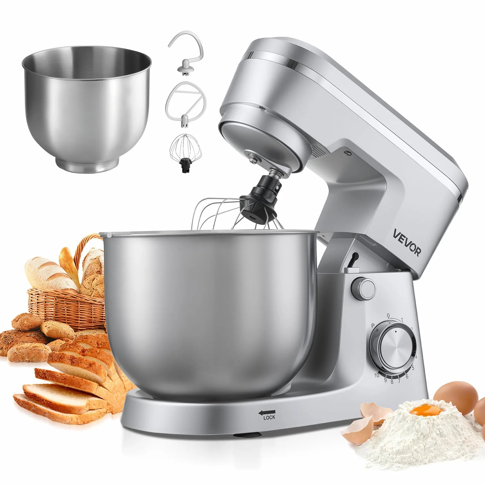 VEVOR Blender stojący 1500 W, miski ze stali nierdzewnej 4,2 + 5,7 l, 10-biegowy, srebrny