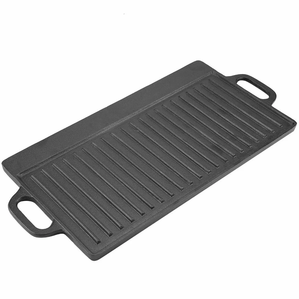 Żeliwna patelnia grillowa odwracalna płyta grillowa gładka żebrowana z uchwytami nieprzywierająca czarna