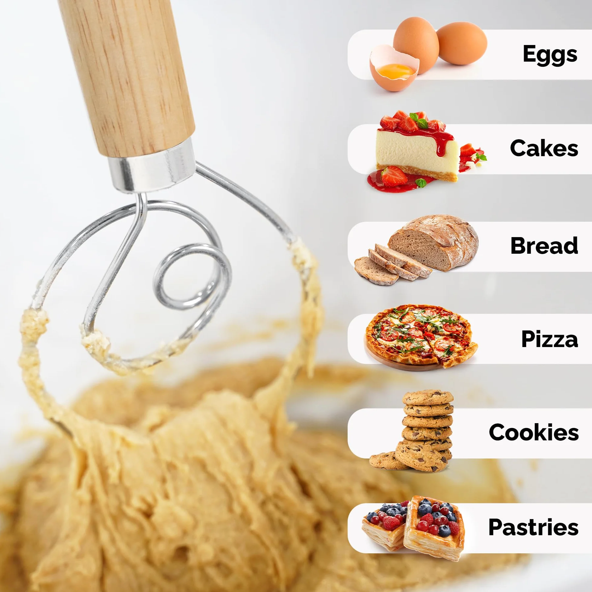 Zulay - Batidor danés para masa, gran batidor danés de acero inoxidable de 33 cm, estilo holandés, mezclador artesanal para pan, masa, pasteles, pasteles y más