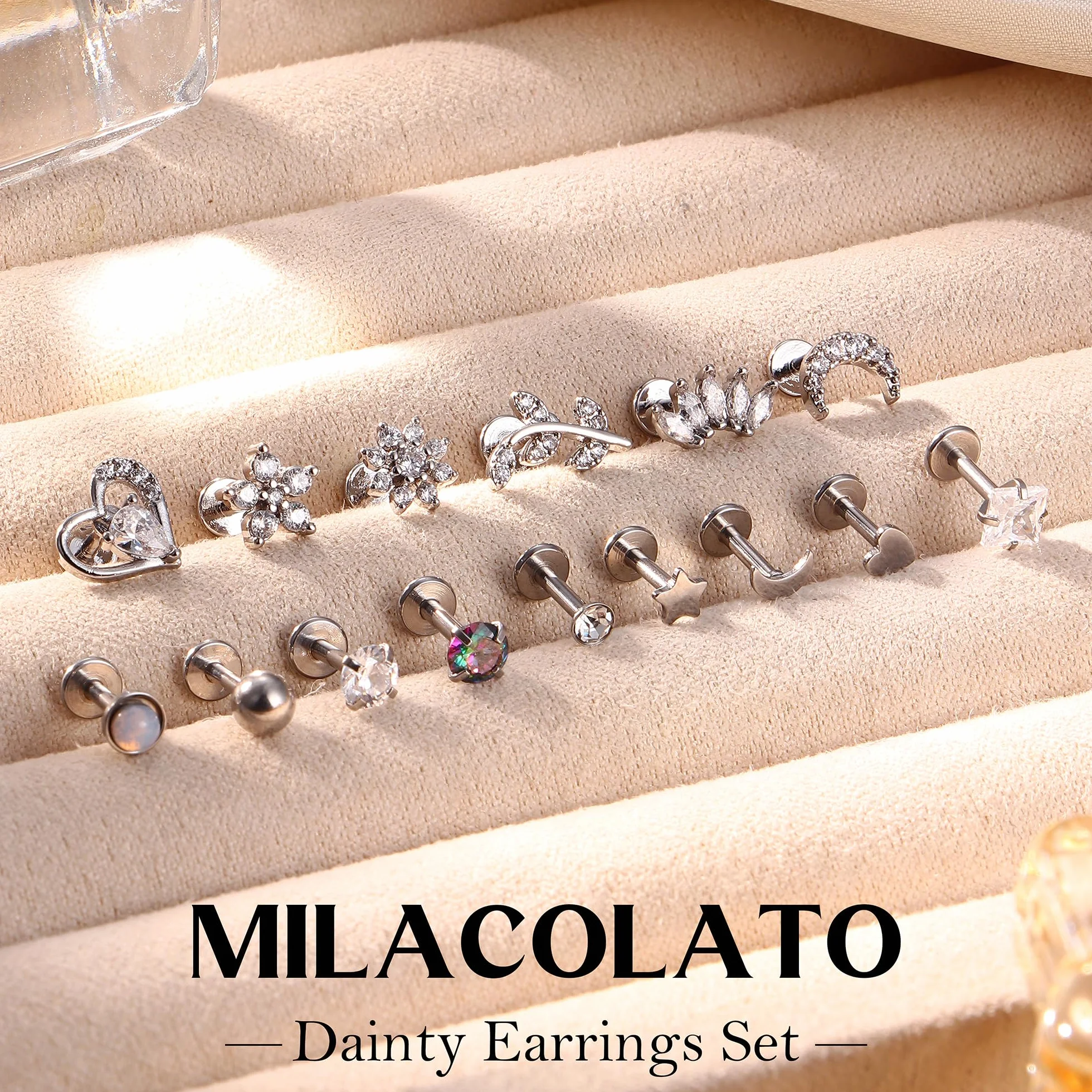 MILACOLATO 16G Cartilage Helix Tragus kolczyki srebrne piercing ucho labret do nosa stal chirurgiczna CZ kwiat opal gwiazda perła kolczyki małe pierścienie wargi piercing chrząstka ucha biżuteria dla